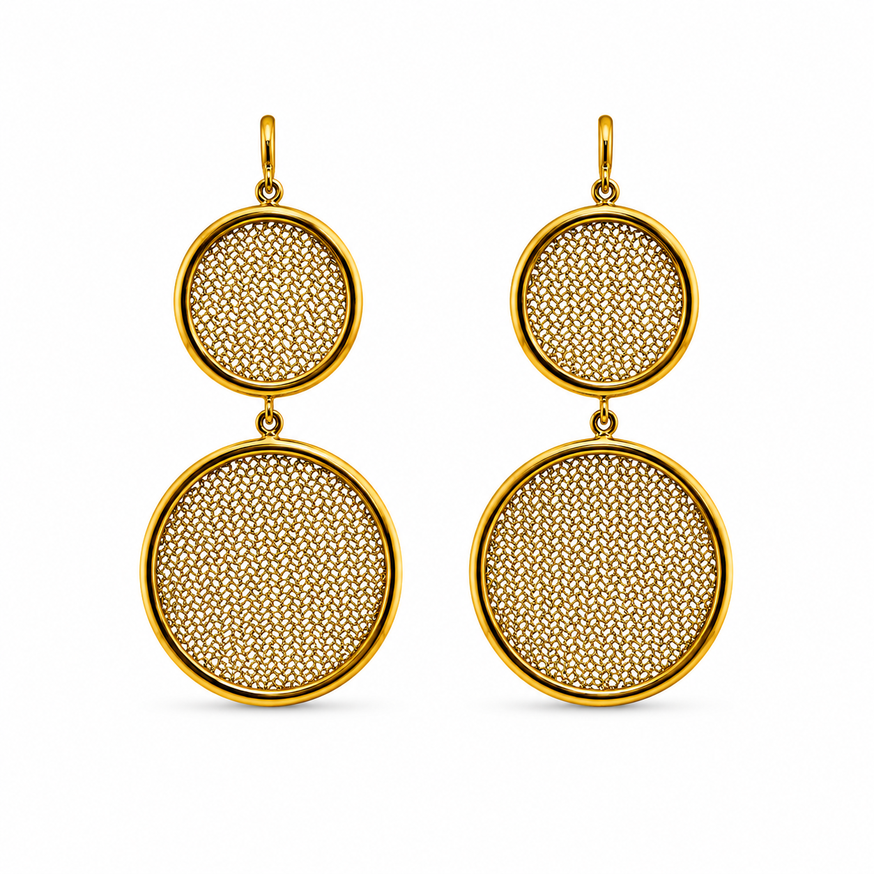 AIMA 18K Gold Vermeil Double Round Drop Earrings with Gold Mesh