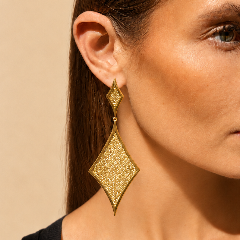 AIMA 18K Gold Vermeil Double Diamond Drop Earrings with Gold Mesh