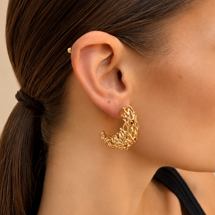 NURAI 18K Gold Vermeil Crescent Hoop Earrings with Garnet
