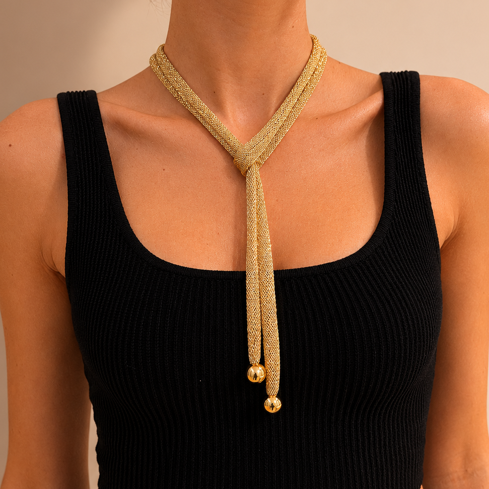 AIMA 18K Gold Vermeil Lariat Necklace with Gold Mesh