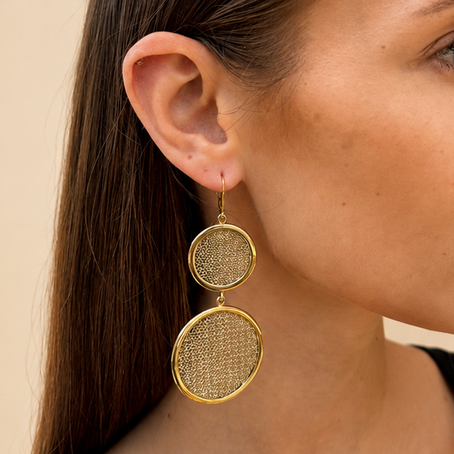 AIMA 18K Gold Vermeil Double Round Drop Earrings with Gold Mesh