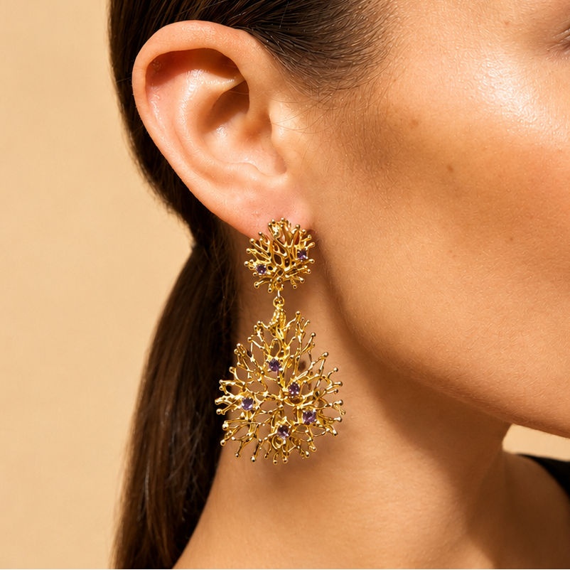 NURAI 18K Gold Vermeil Double Drop Earrings with Amethyst