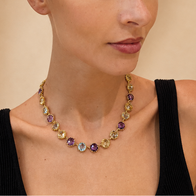NURAI 18K Gold Vermeil Round Station Necklace with Amethyst, Green Amethyst, Blue Topaz and Lemon Quartz