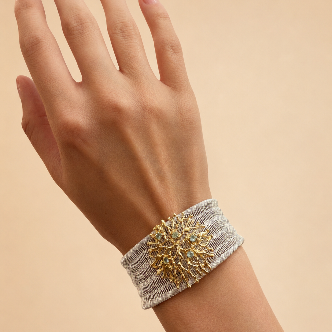 NURAI 18K Gold Vermeil Ricami Cuff Bracelet with Blue Topaz