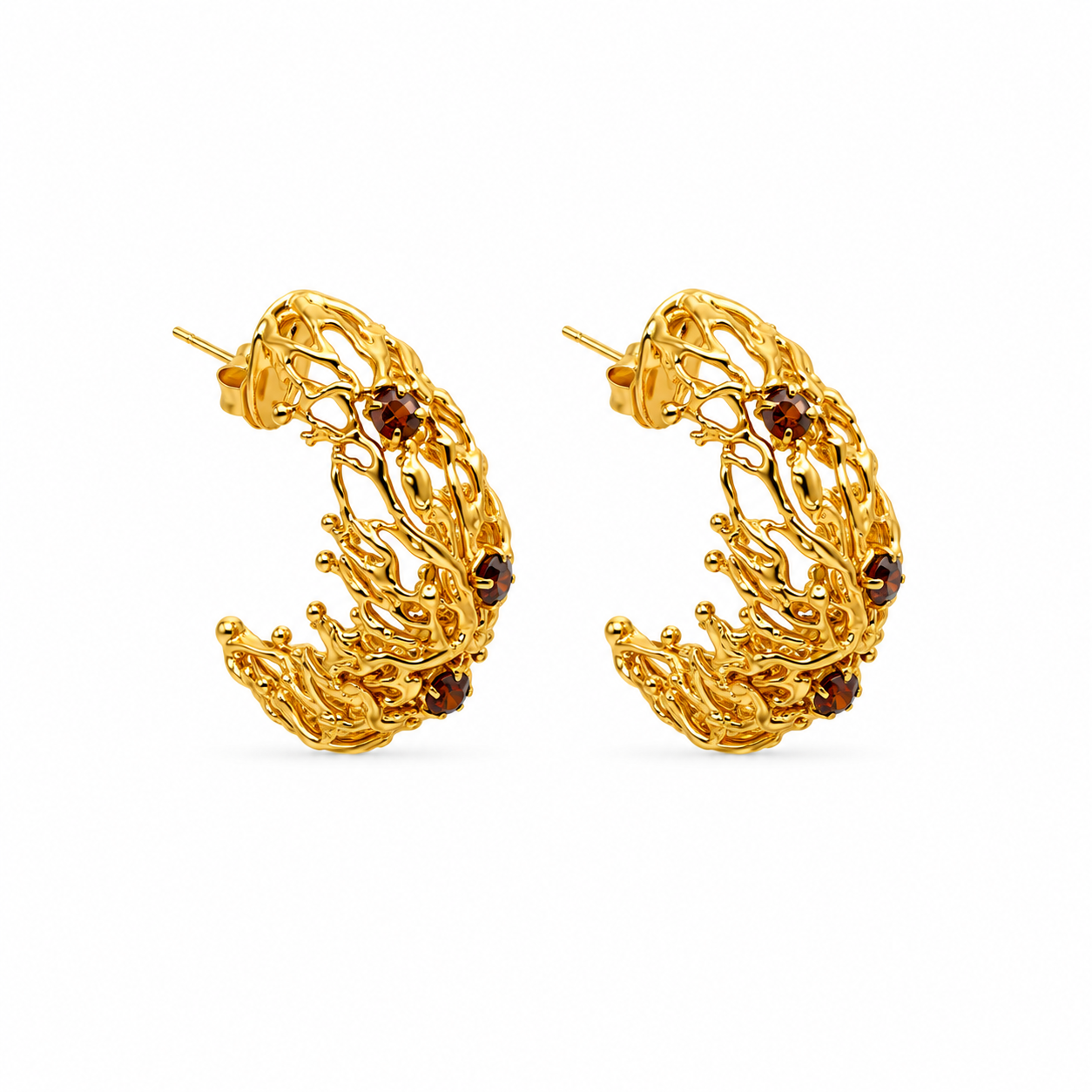 NURAI 18K Gold Vermeil Crescent Hoop Earrings with Garnet