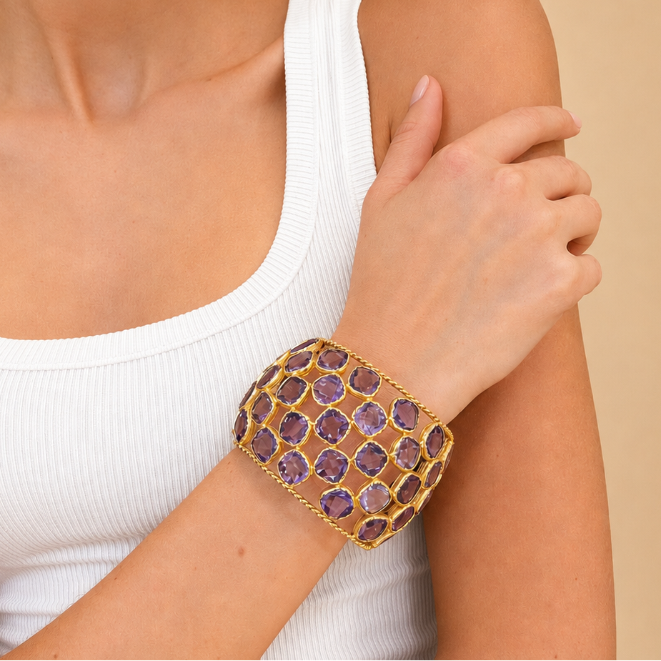 AURORA 18K Gold Vermeil Bezel-Set Statement Cuff Bracelet with Amethyst