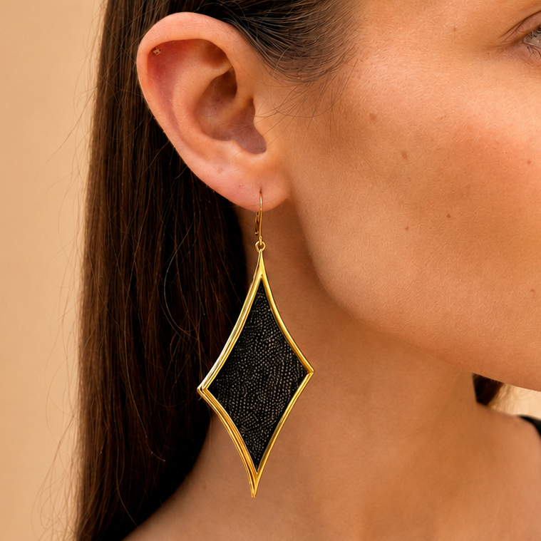 AIMA 18K Gold Vermeil Diamond Drop Earrings with Black Mesh