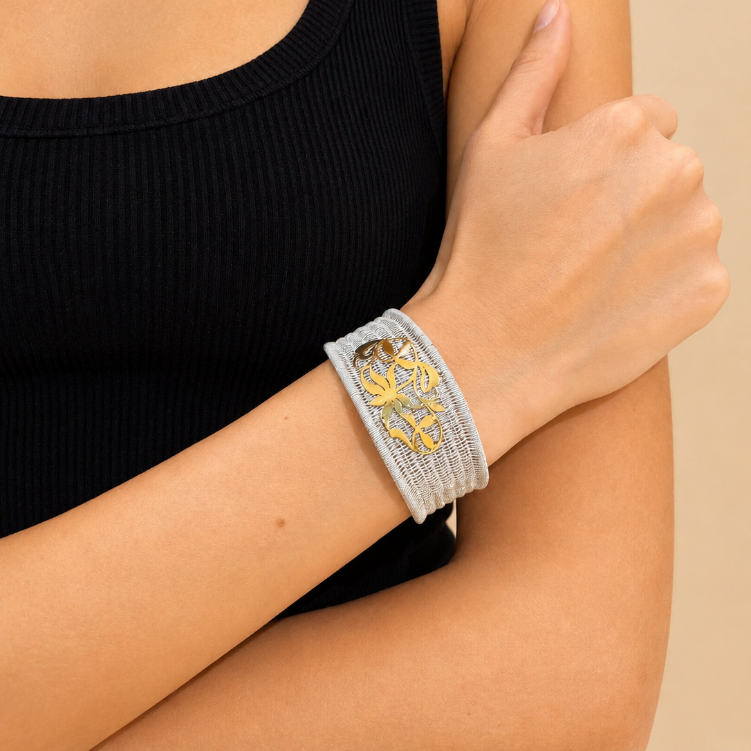 RICAMI Sterling Silver and Solid 18K Gold wide-cuff Bracelet
