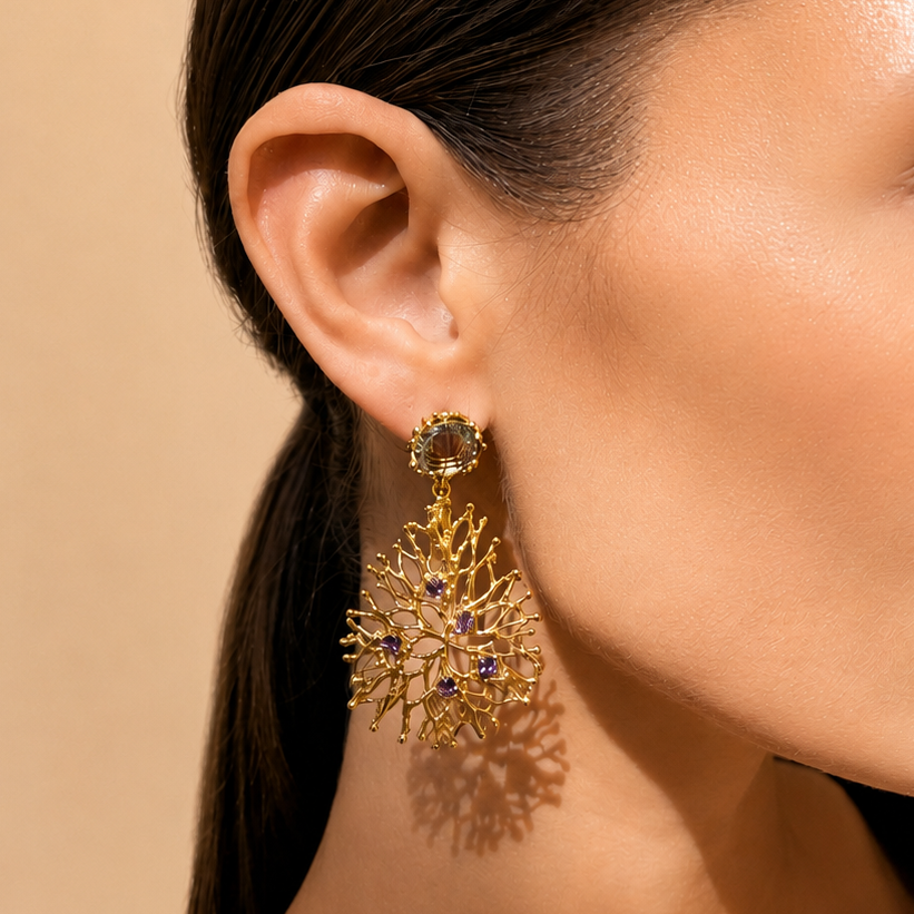 NURAI 18K Gold Vermeil Linked Drop Earrings with Amethyst and Green Amethyst