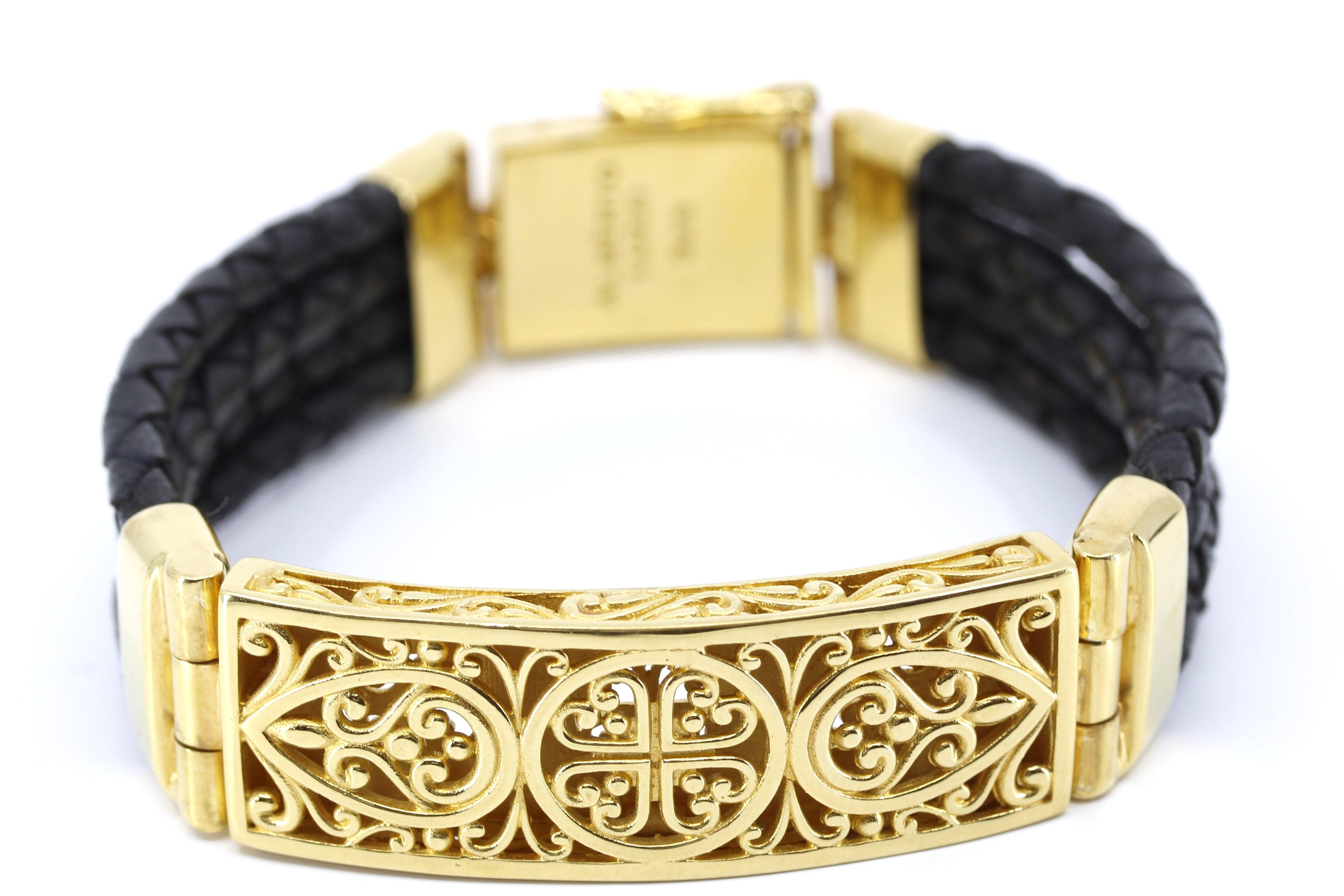 NOVA Sculpted Bar Black Leather Bracelet with 18K Gold Vermeil