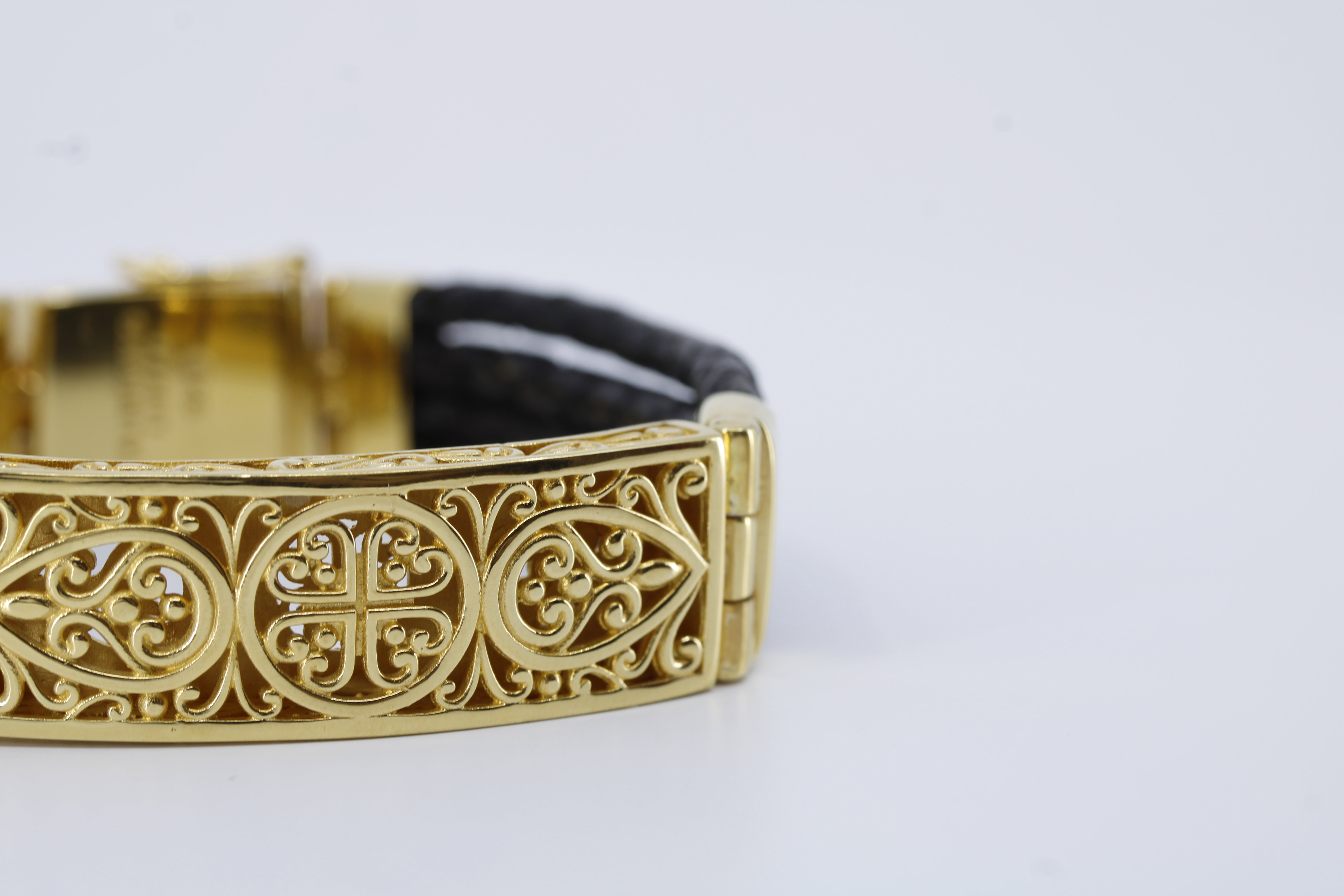 Casa Bali Sculpted Bar Black Leather Bracelet with 18K Gold Vermeil