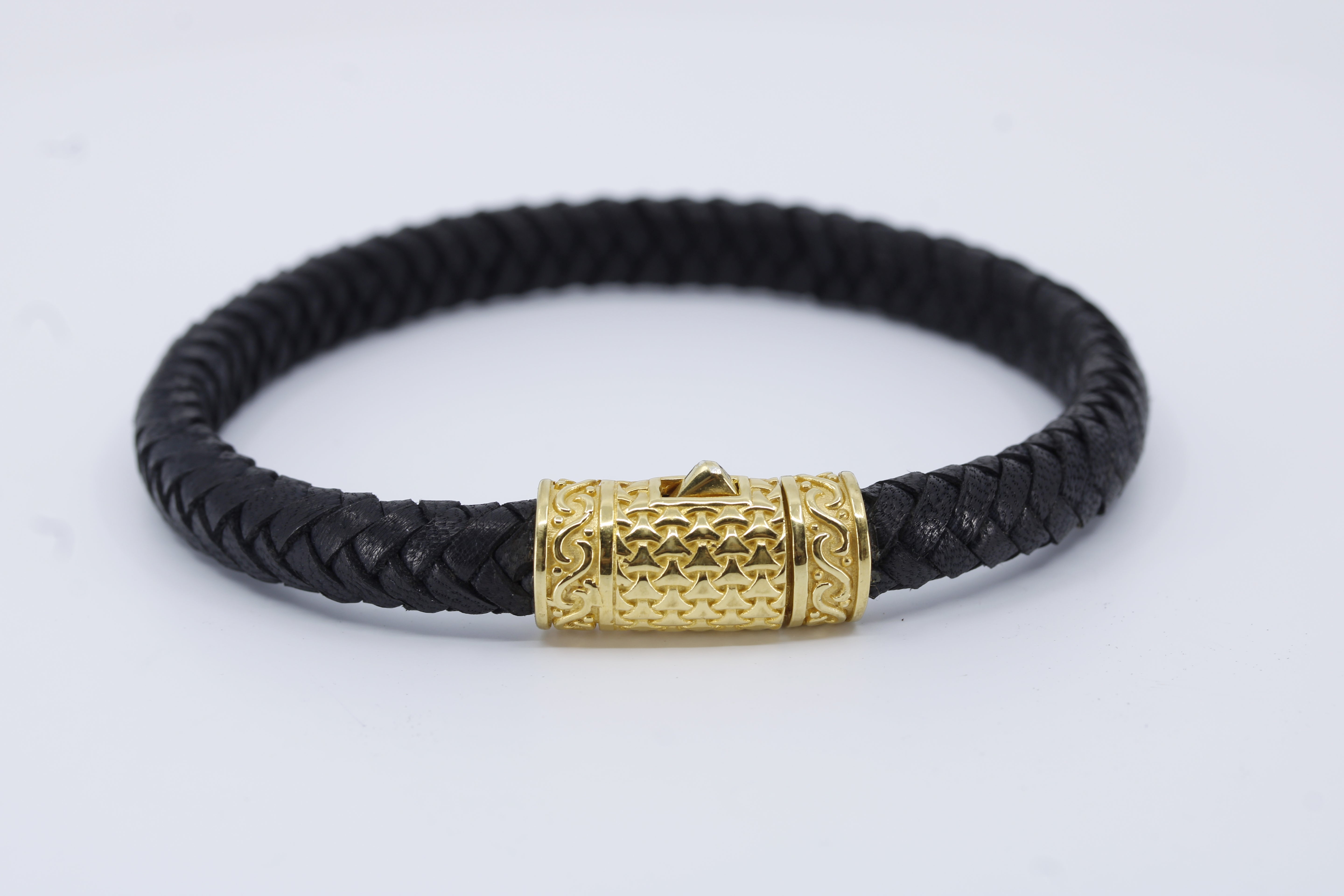 Casa Bali Braided Leather Bracelet with 18K Gold Vermeil Lattice Barrel