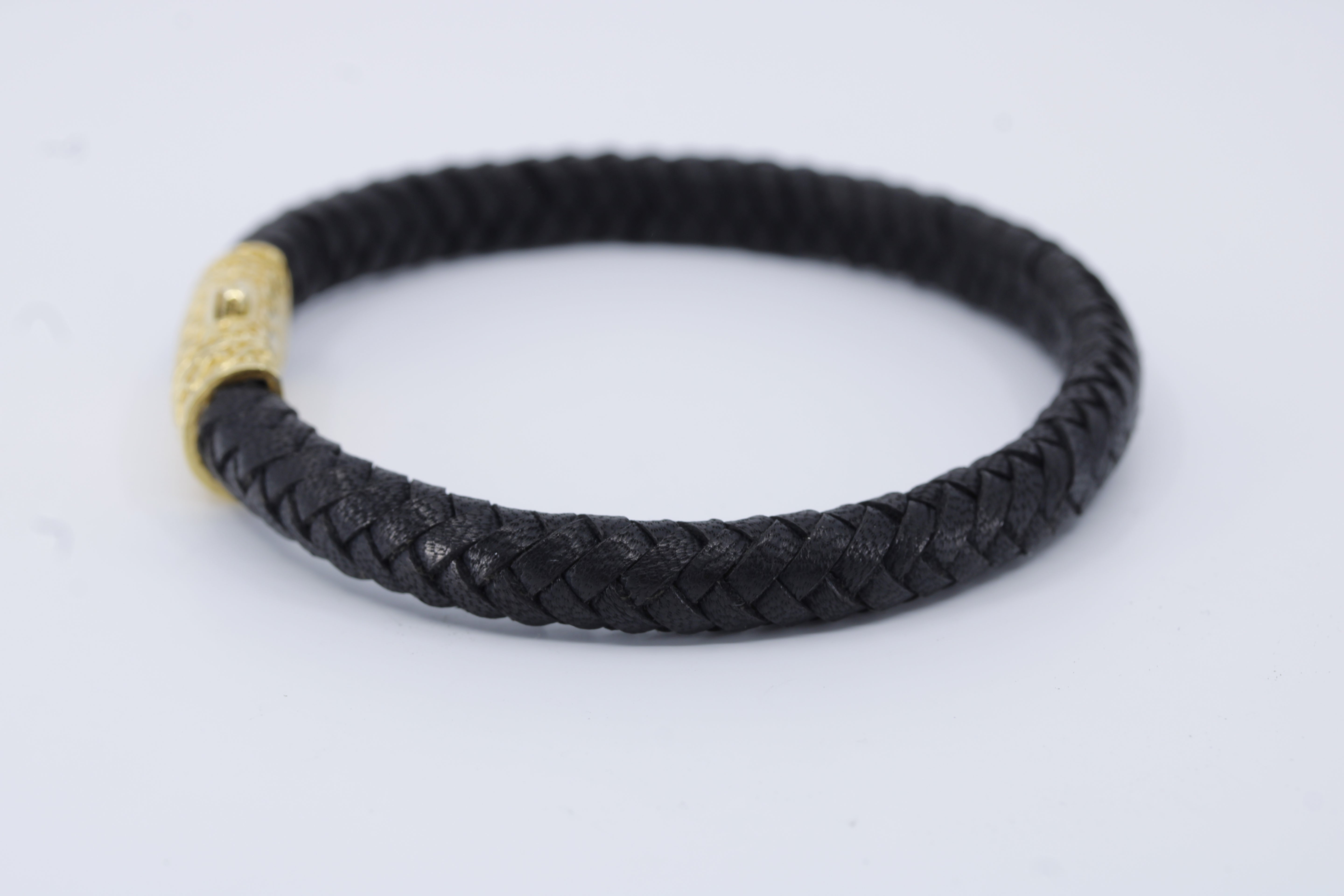 Casa Bali Braided Leather Bracelet with 18K Gold Vermeil Lattice Barrel