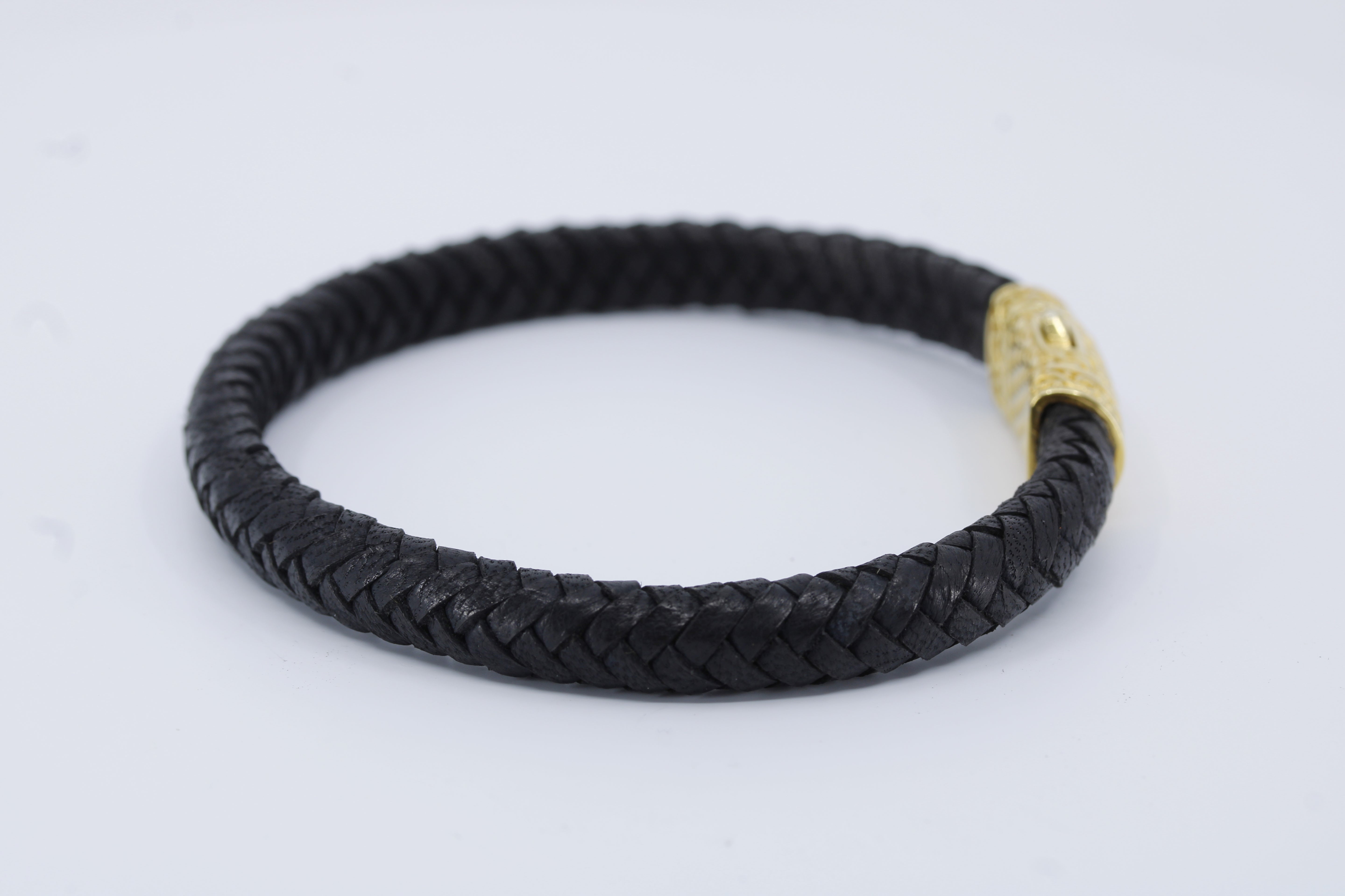 Casa Bali Braided Leather Bracelet with 18K Gold Vermeil Lattice Barrel