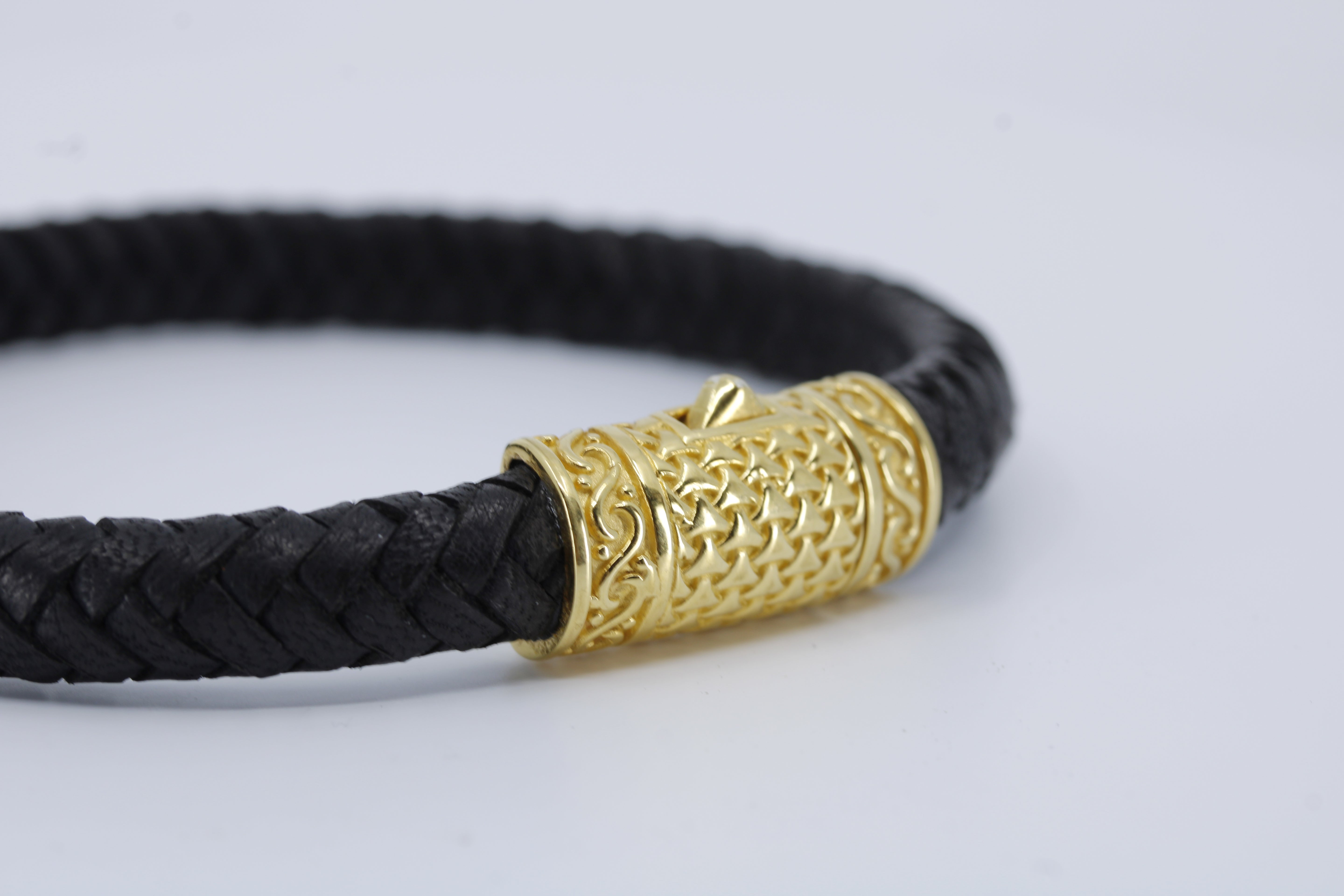 Casa Bali Braided Leather Bracelet with 18K Gold Vermeil Lattice Barrel