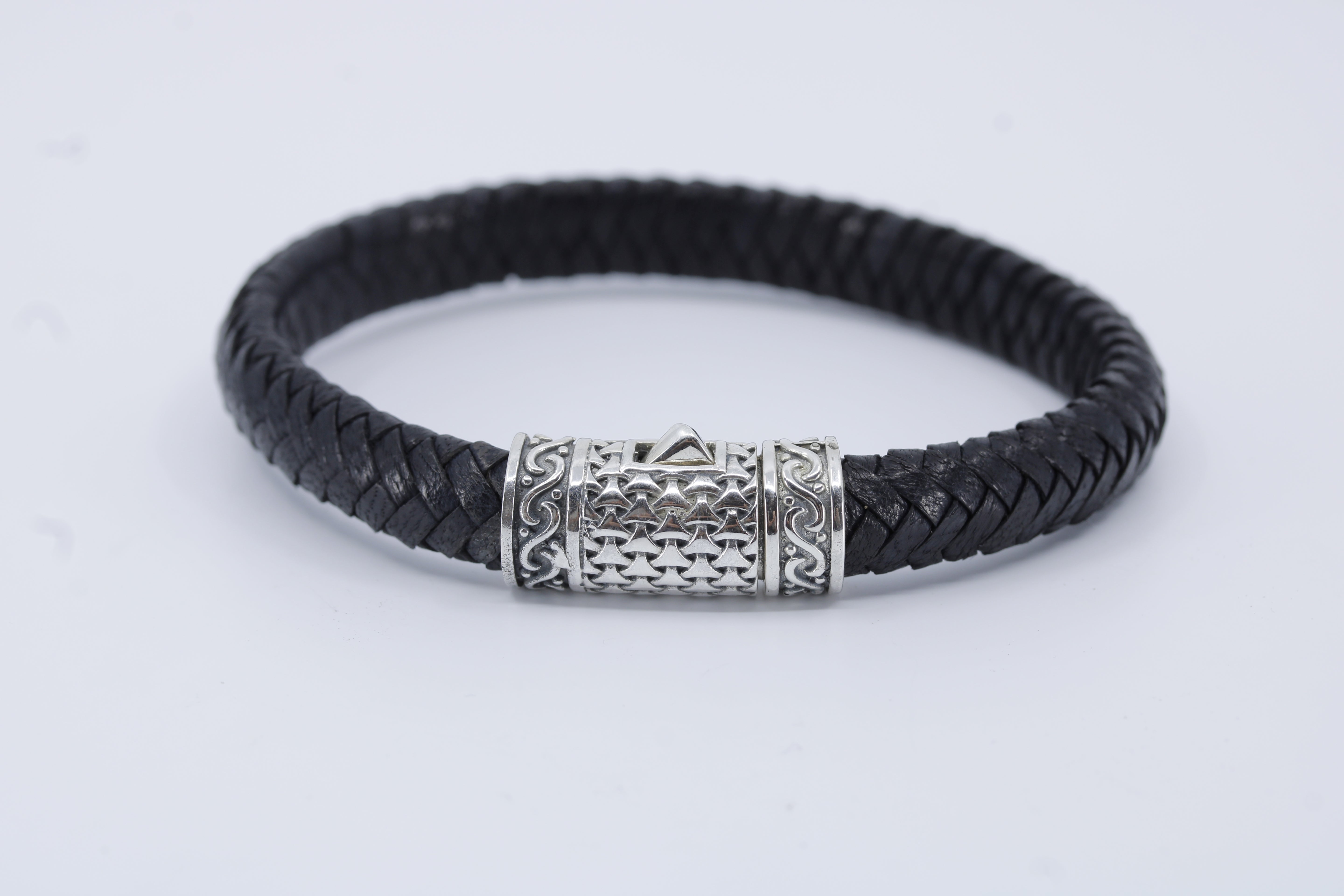Casa Bali Braided Leather Bracelet with Engraved Barrel