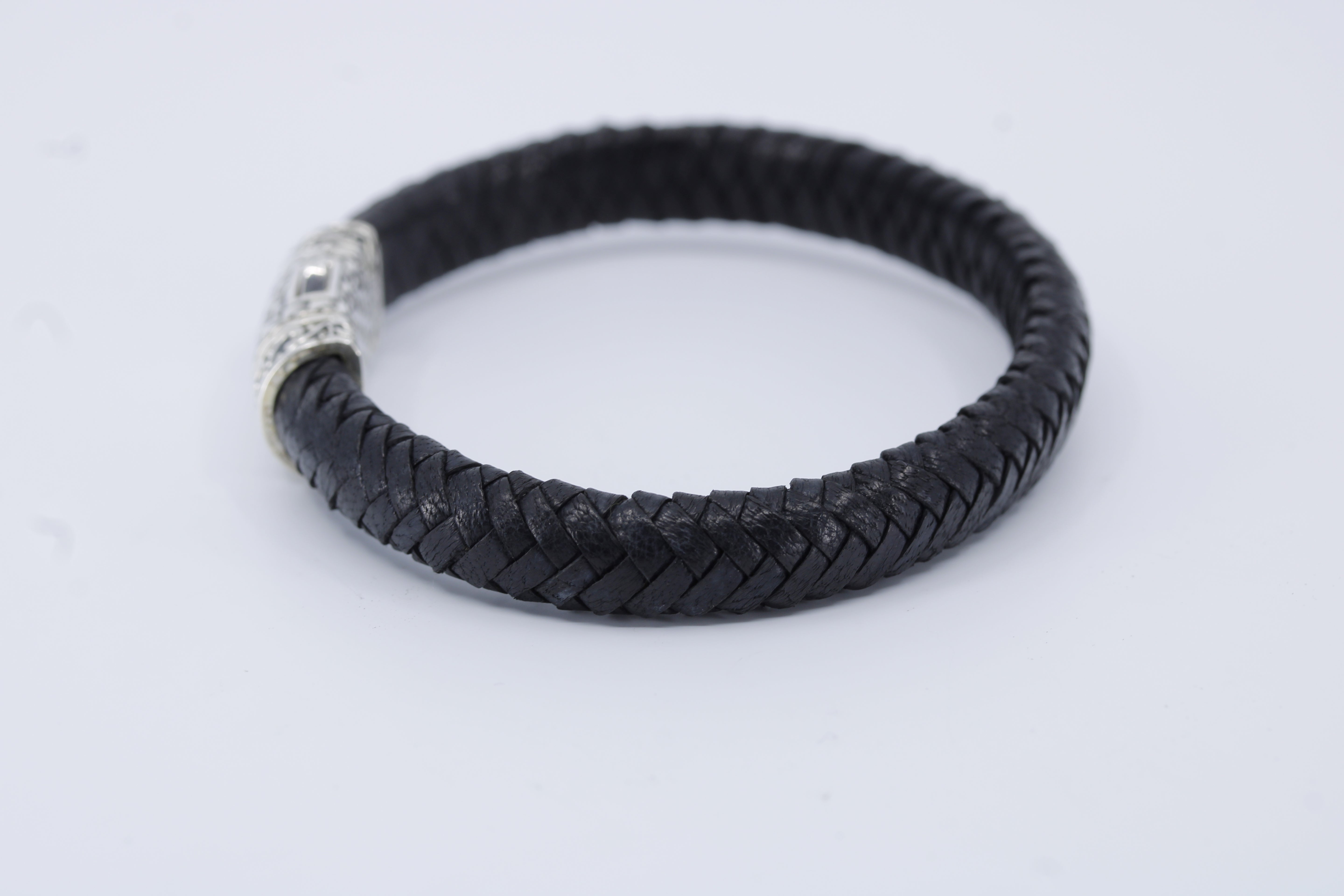Casa Bali Braided Leather Bracelet with Engraved Barrel