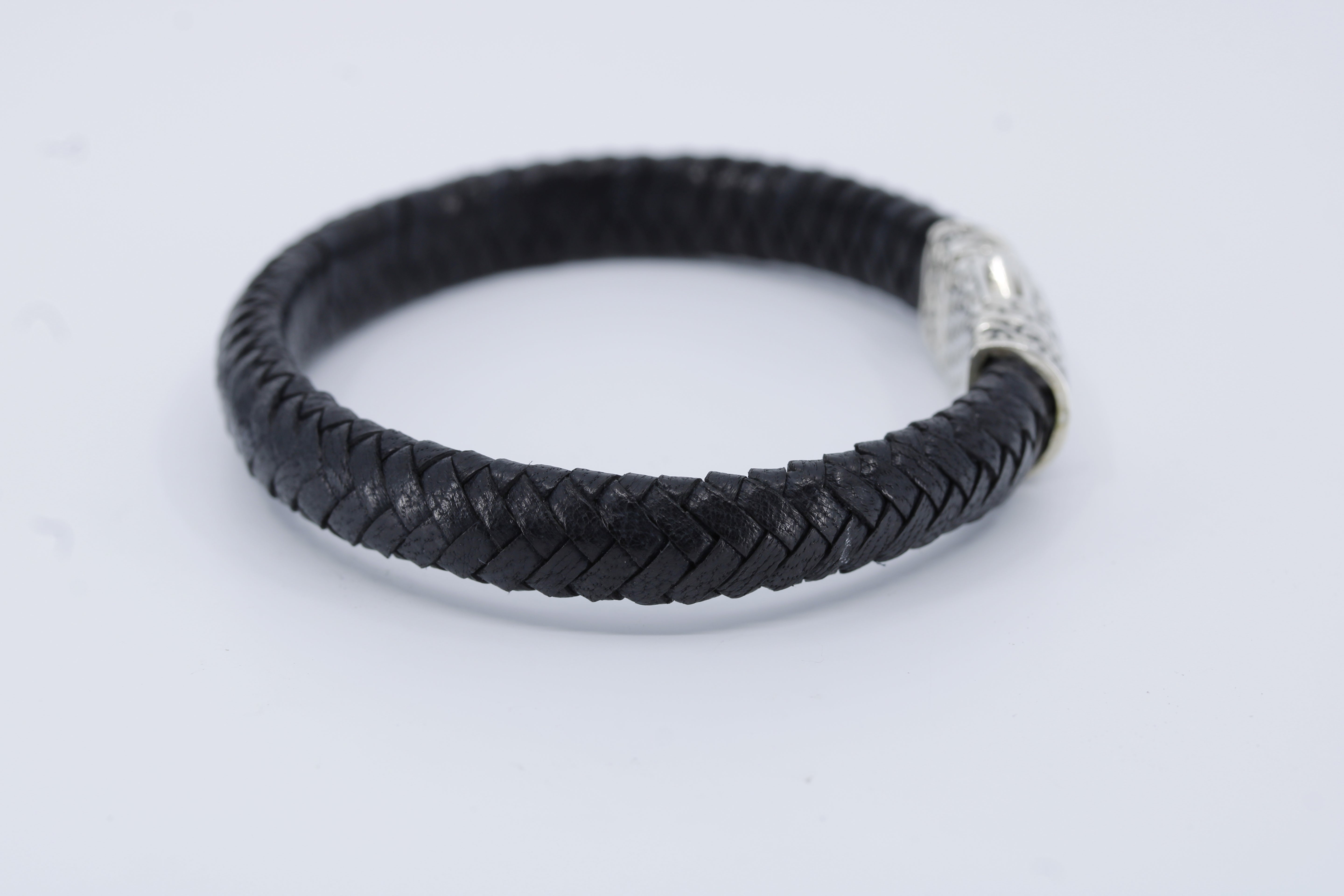 Casa Bali Braided Leather Bracelet with Engraved Barrel
