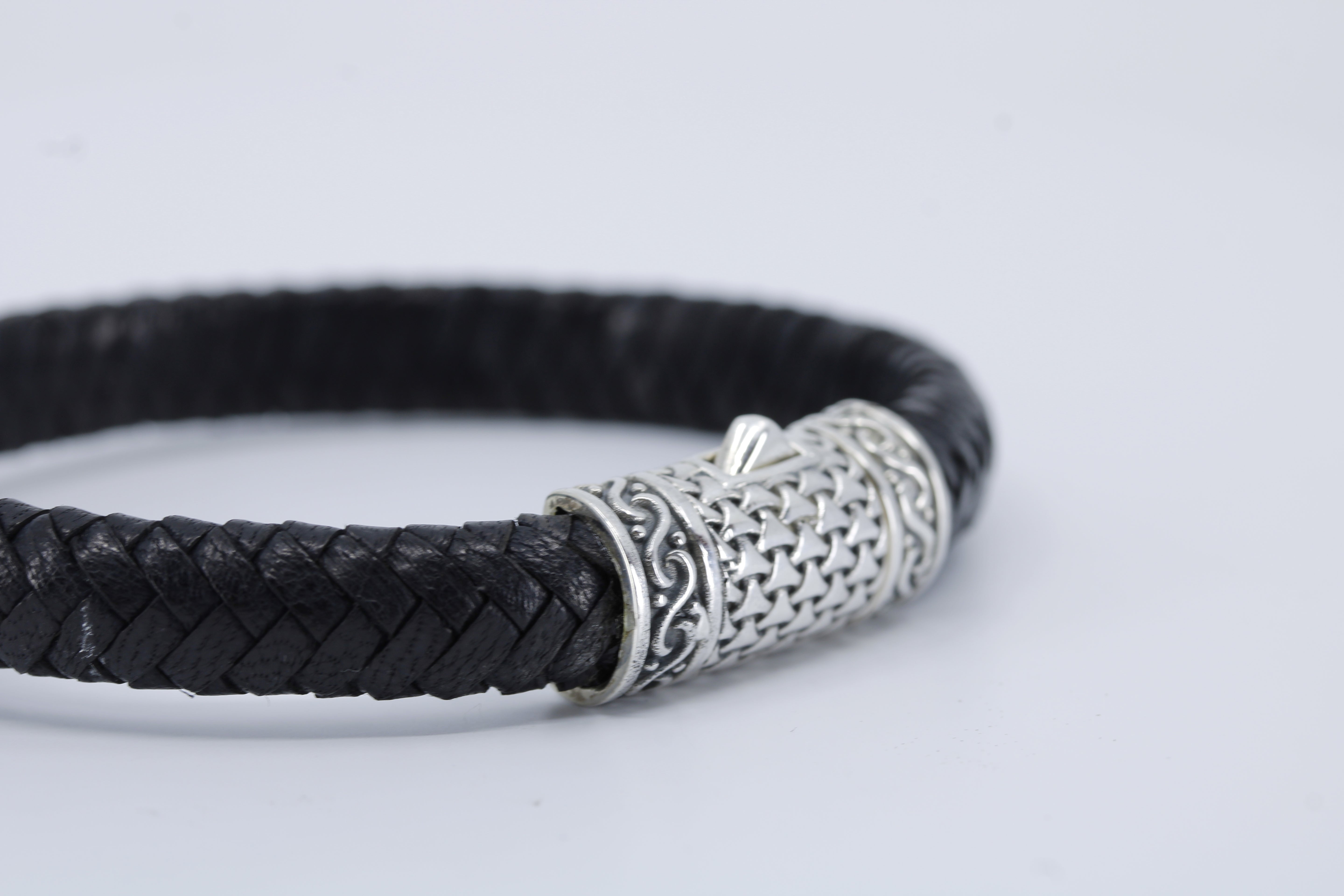 Casa Bali Braided Leather Bracelet with Engraved Barrel