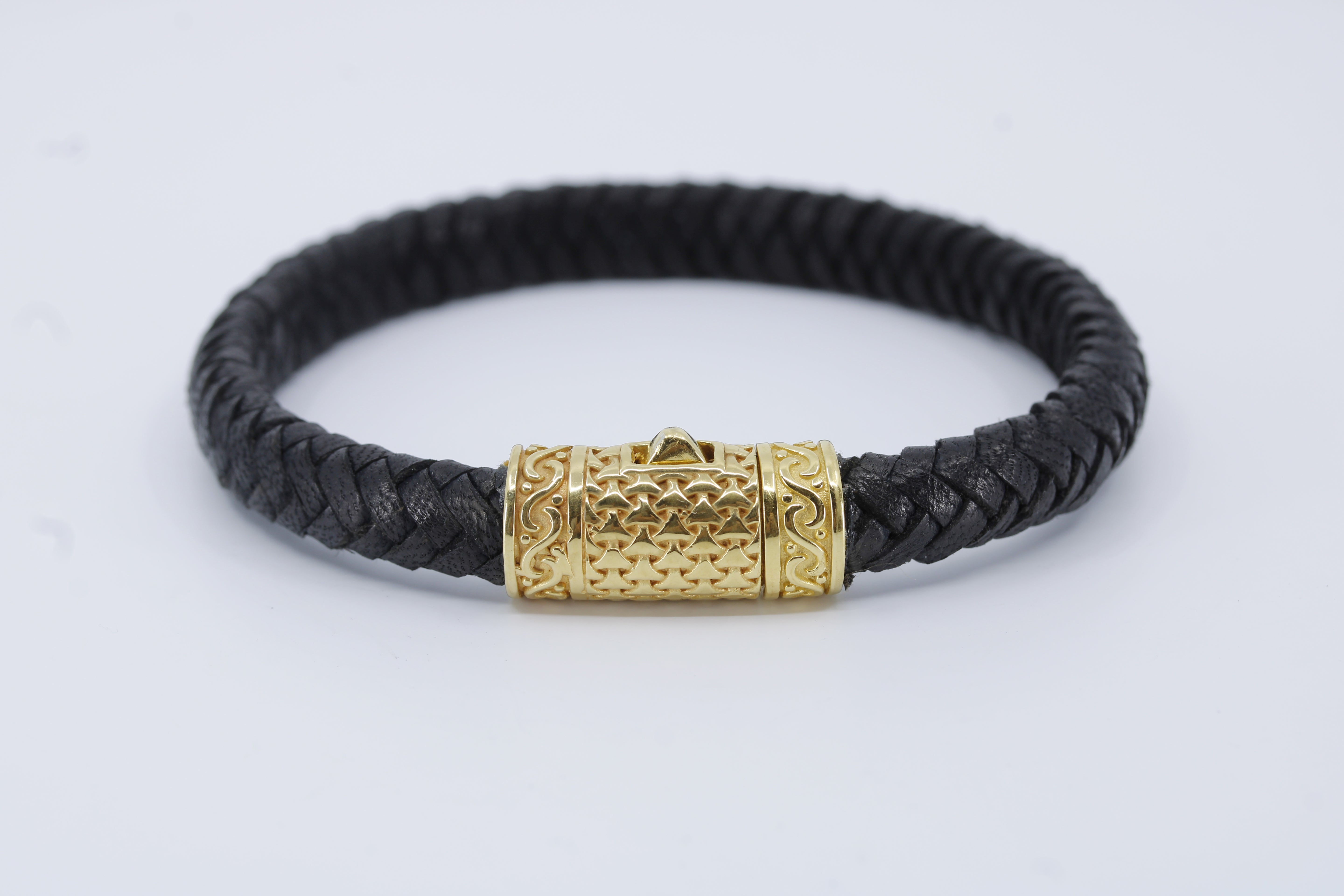 Casa Bali Braided Leather Bracelet with 18K Gold Vermeil Engraved Barrel