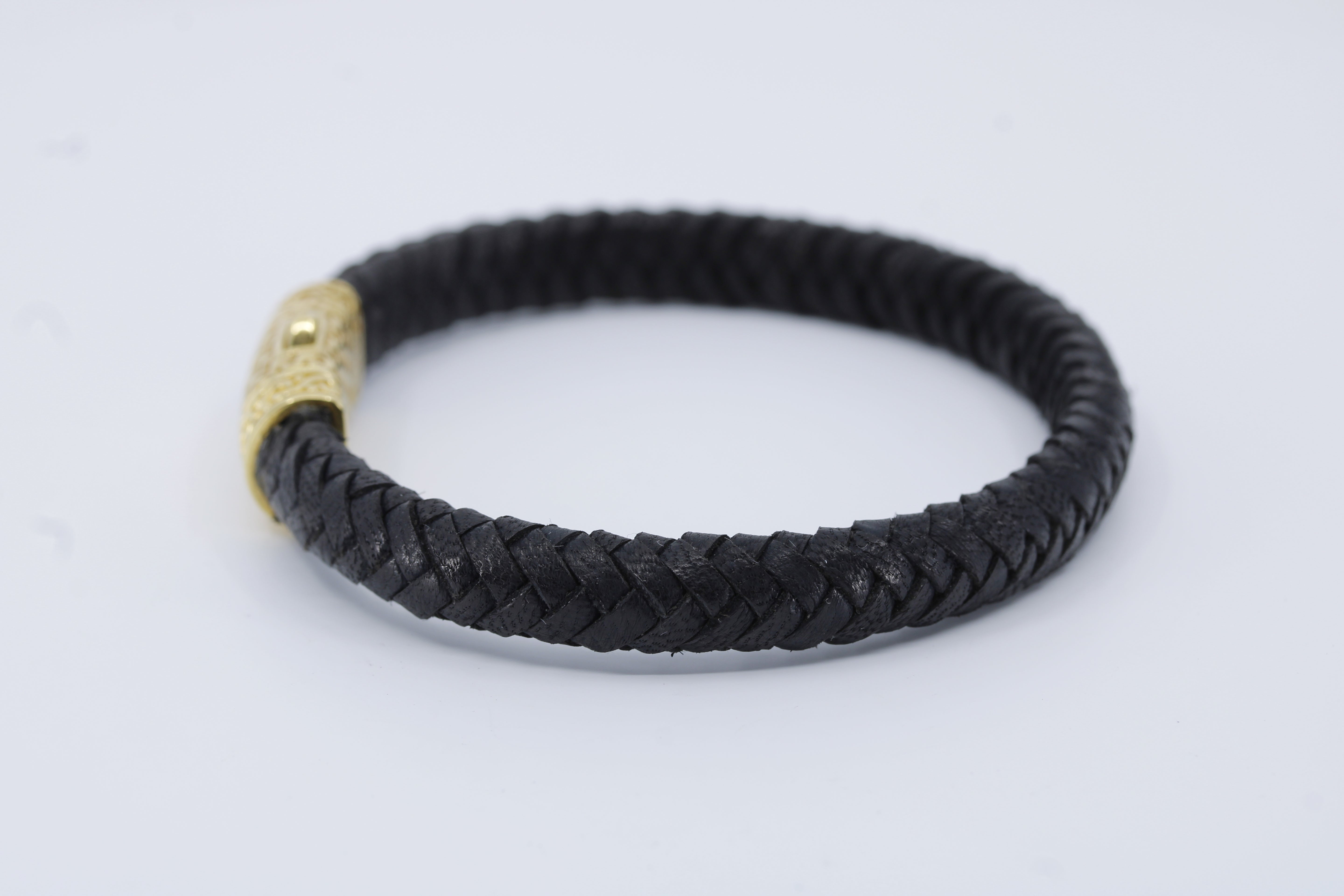 Casa Bali Braided Leather Bracelet with 18K Gold Vermeil Engraved Barrel