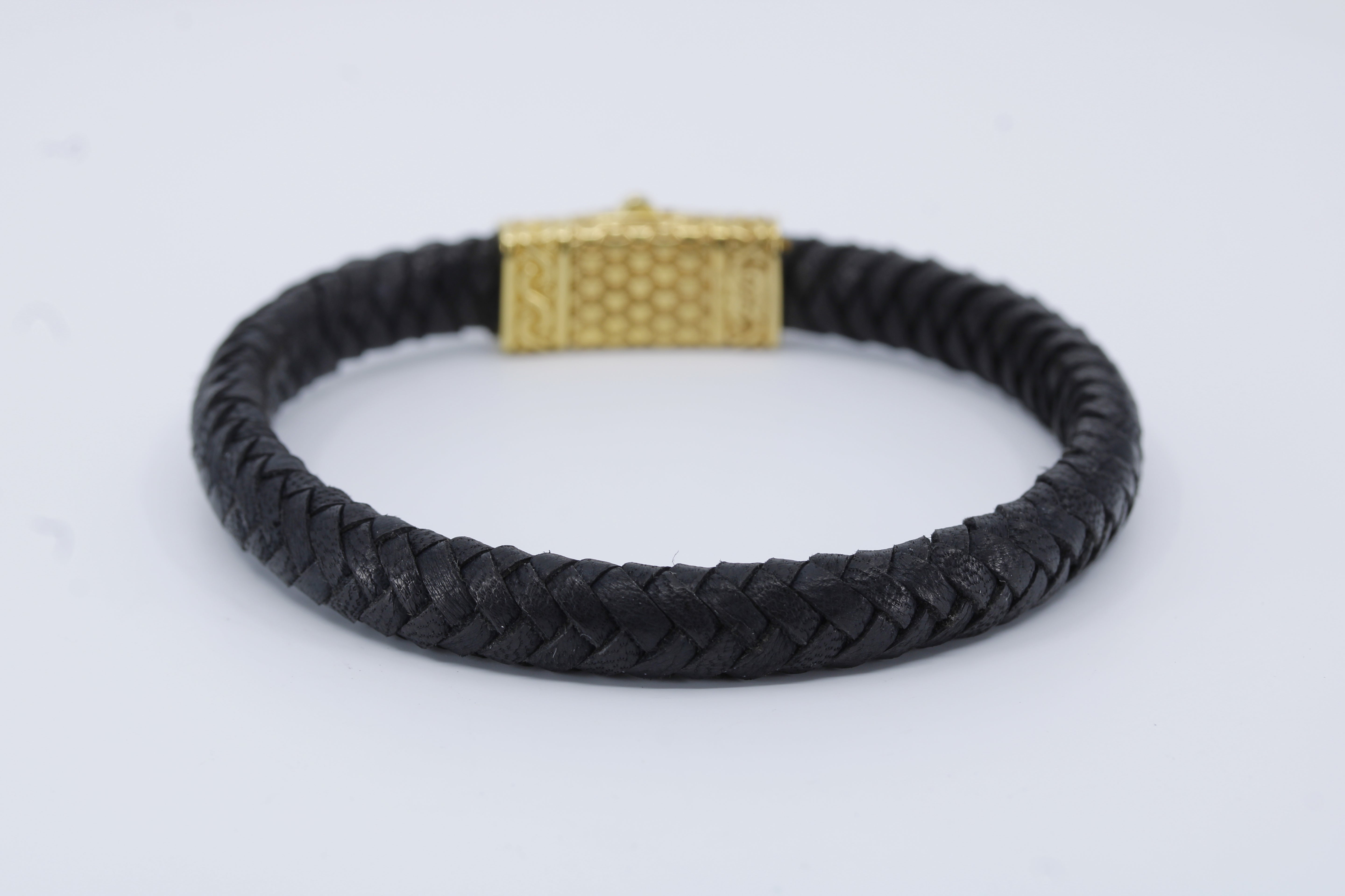 Casa Bali Braided Leather Bracelet with 18K Gold Vermeil Engraved Barrel