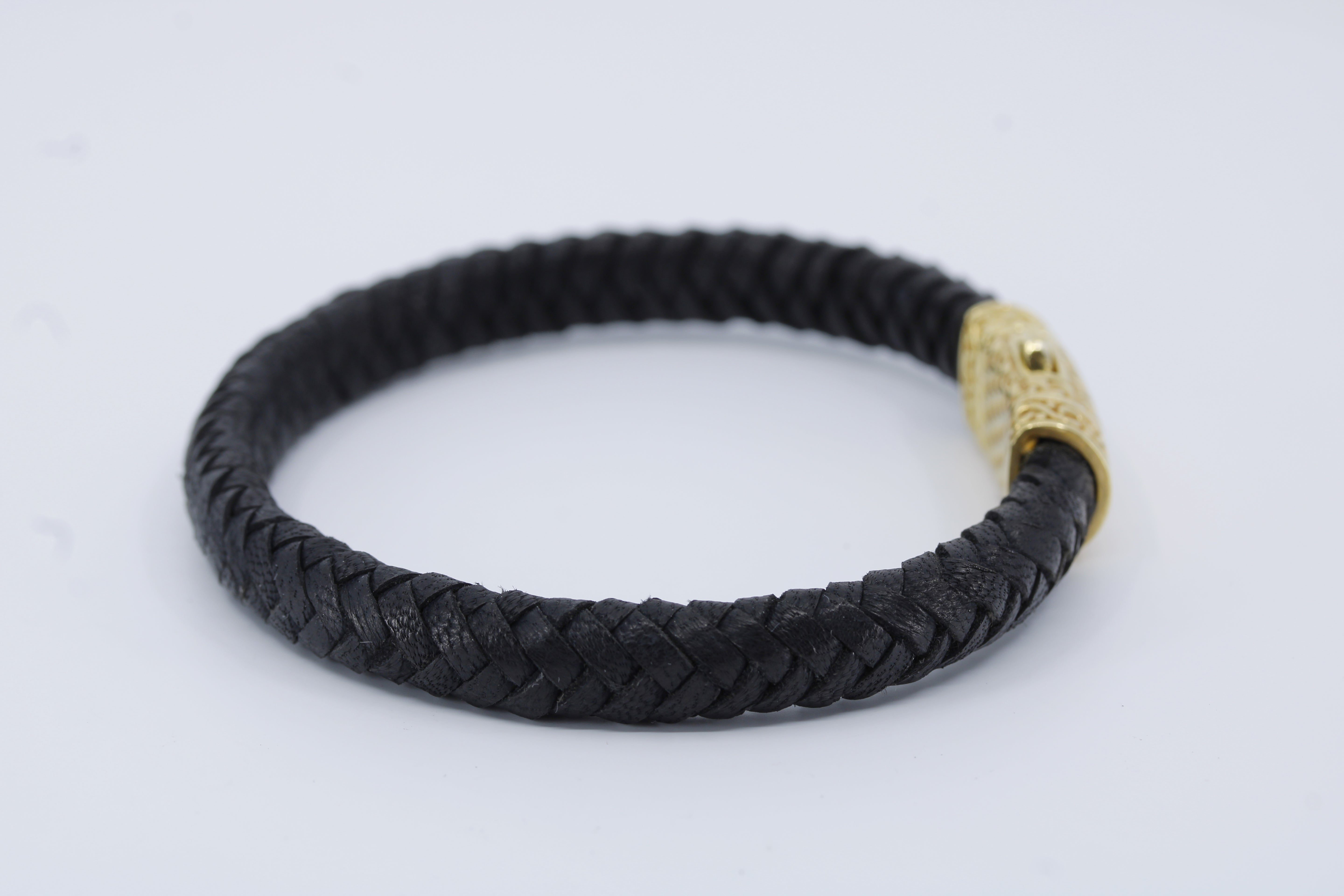 Casa Bali Braided Leather Bracelet with 18K Gold Vermeil Engraved Barrel