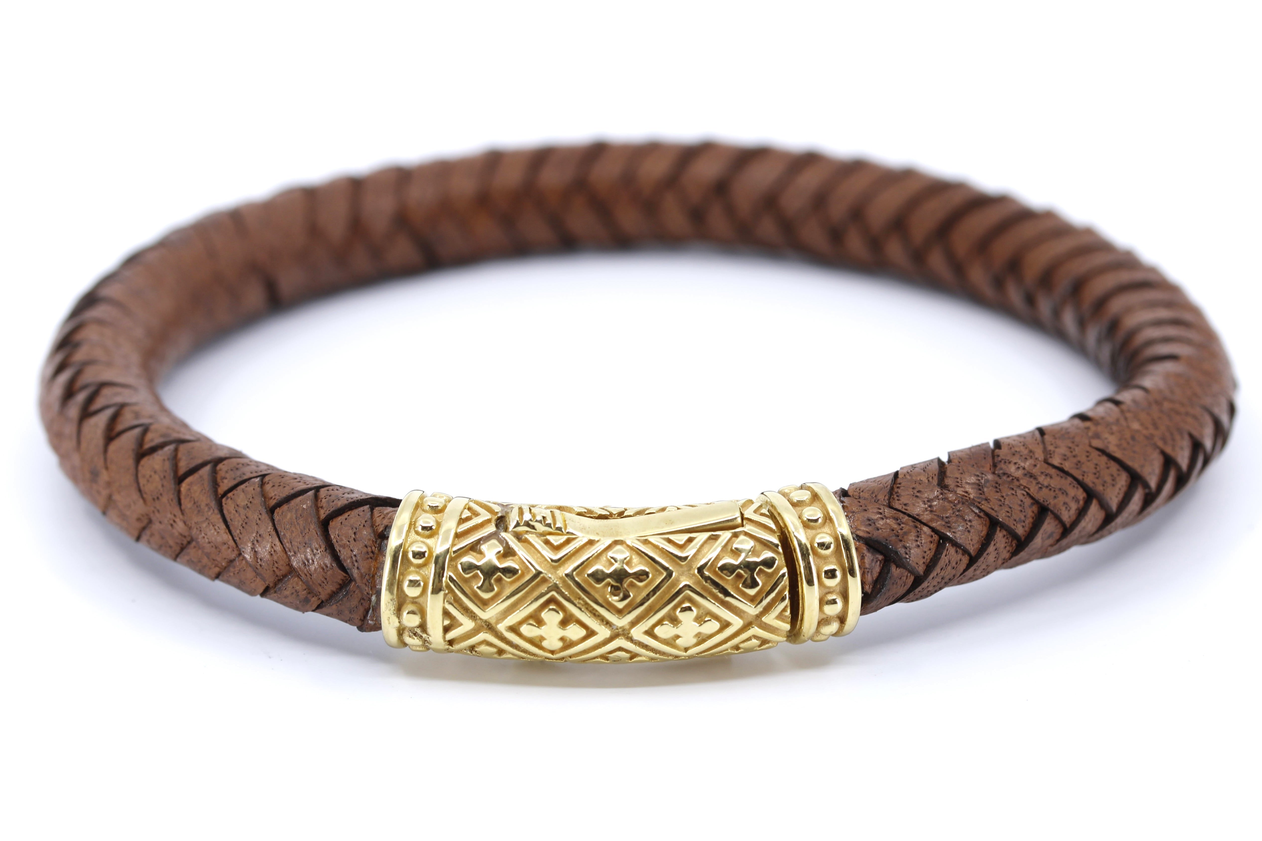 NOVA Braided Leather Bracelet with 18K Gold Vermeil Lattice Barrel