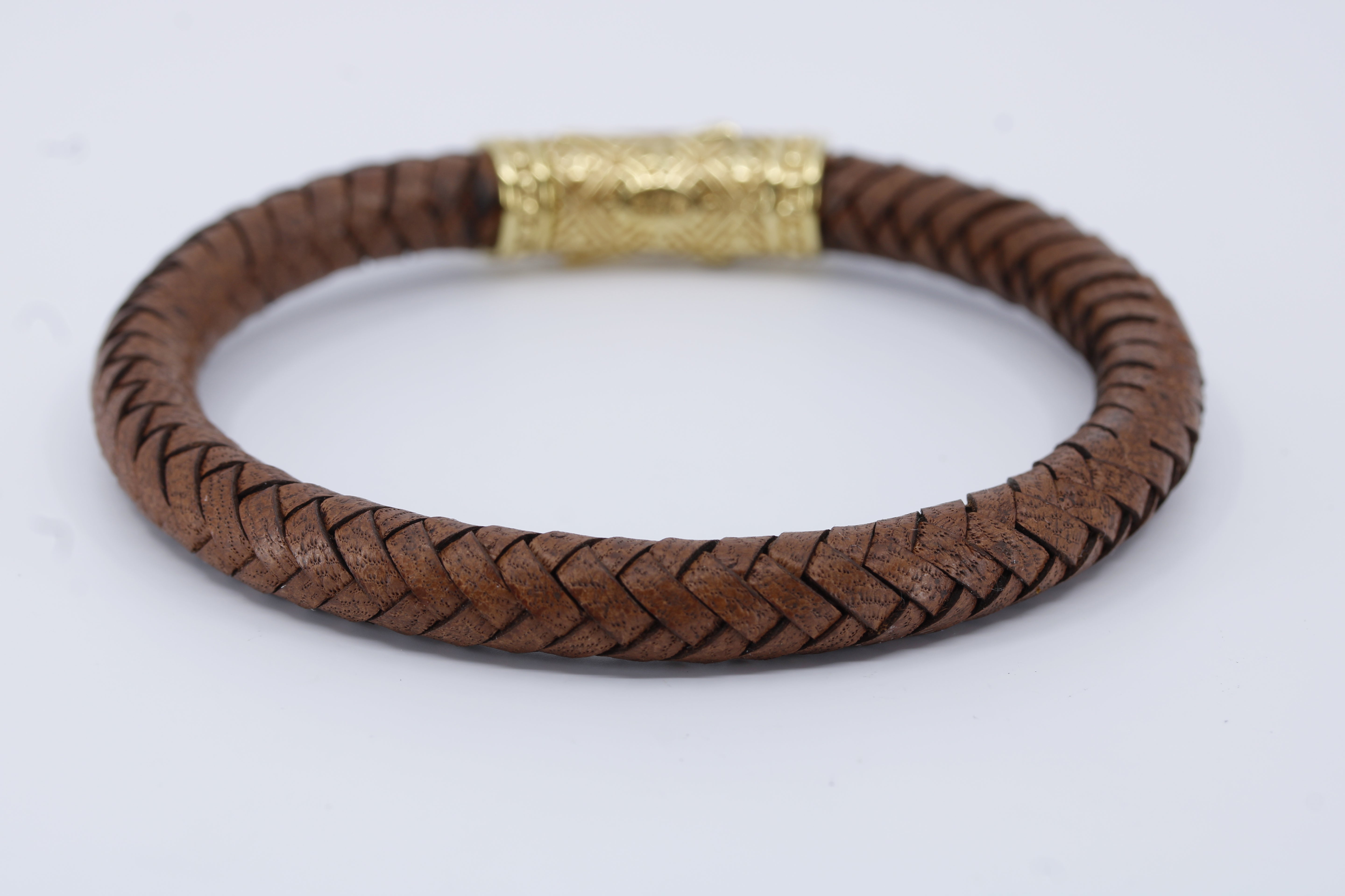 Casa Bali Braided Leather Bracelet with 18K Gold Vermeil Lattice Barrel
