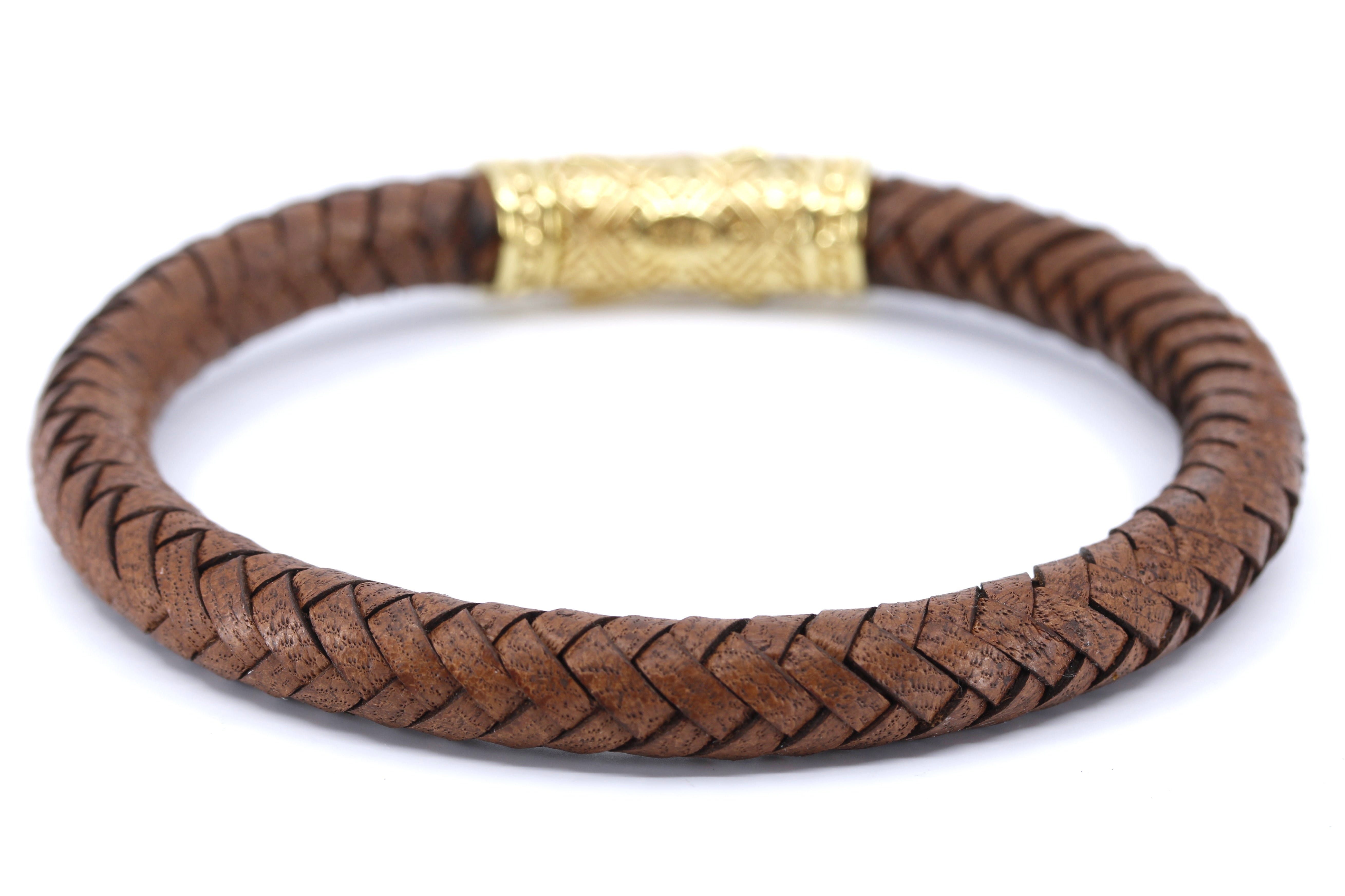 NOVA Braided Leather Bracelet with 18K Gold Vermeil Lattice Barrel