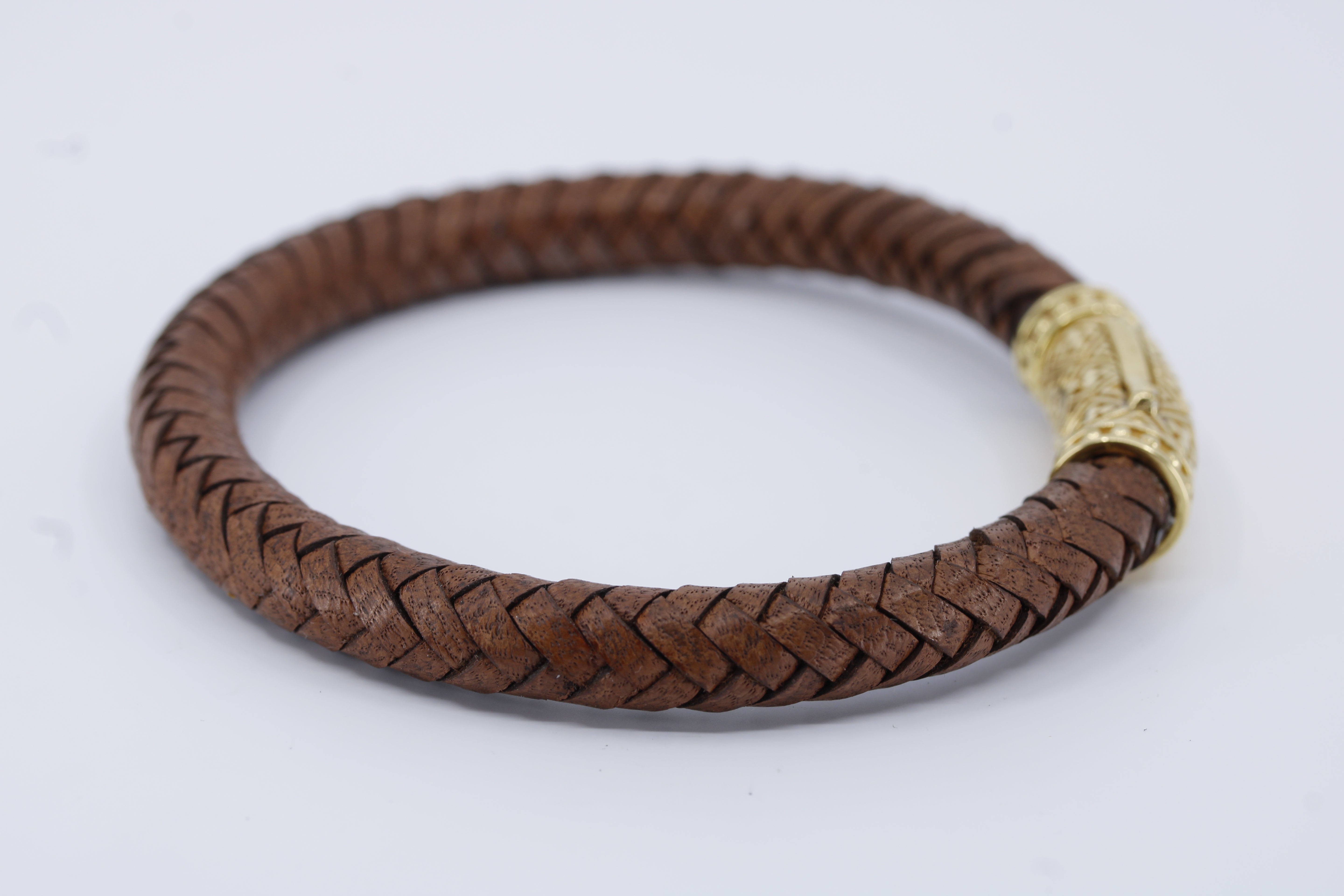 Casa Bali Braided Leather Bracelet with 18K Gold Vermeil Lattice Barrel