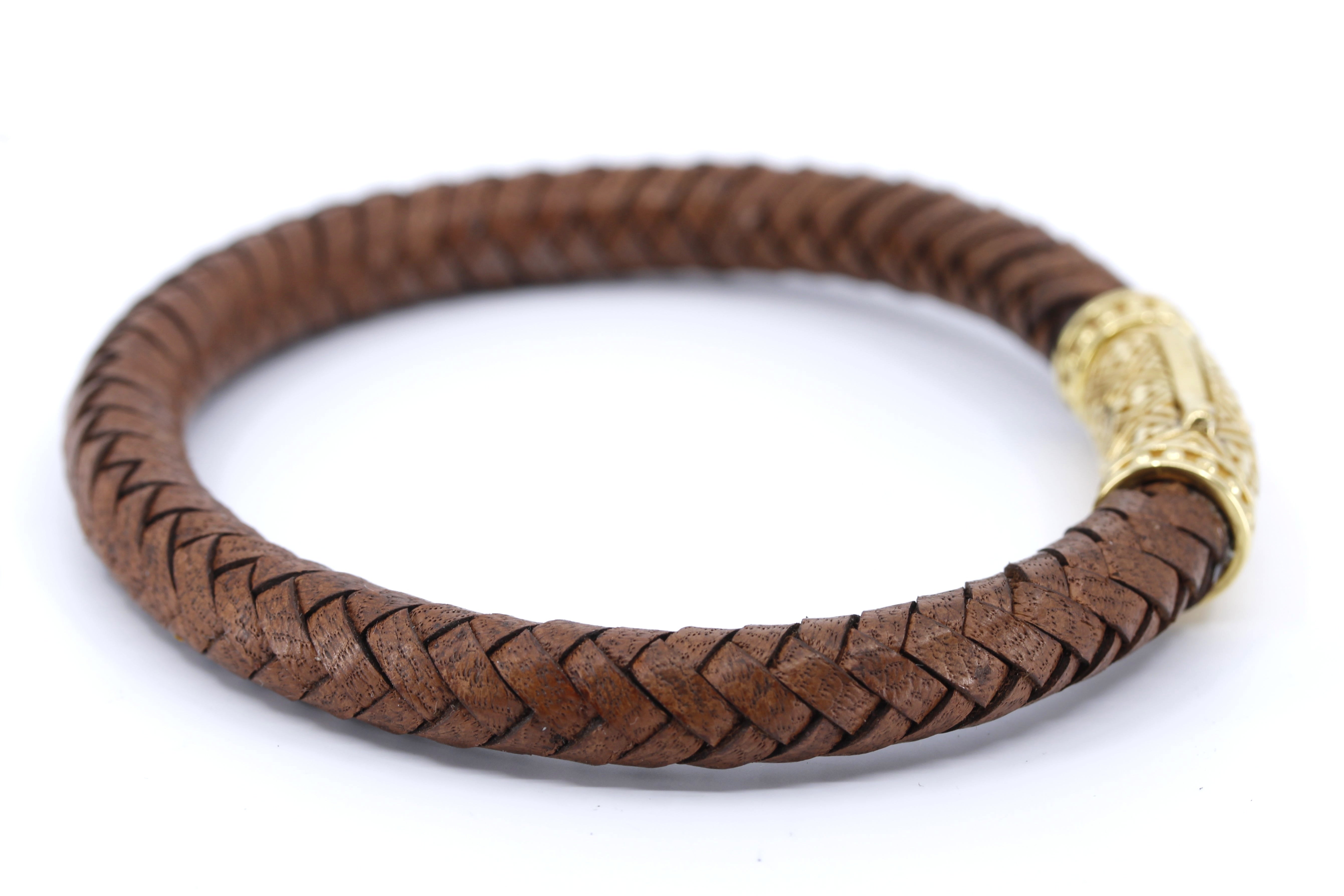 NOVA Braided Leather Bracelet with 18K Gold Vermeil Lattice Barrel