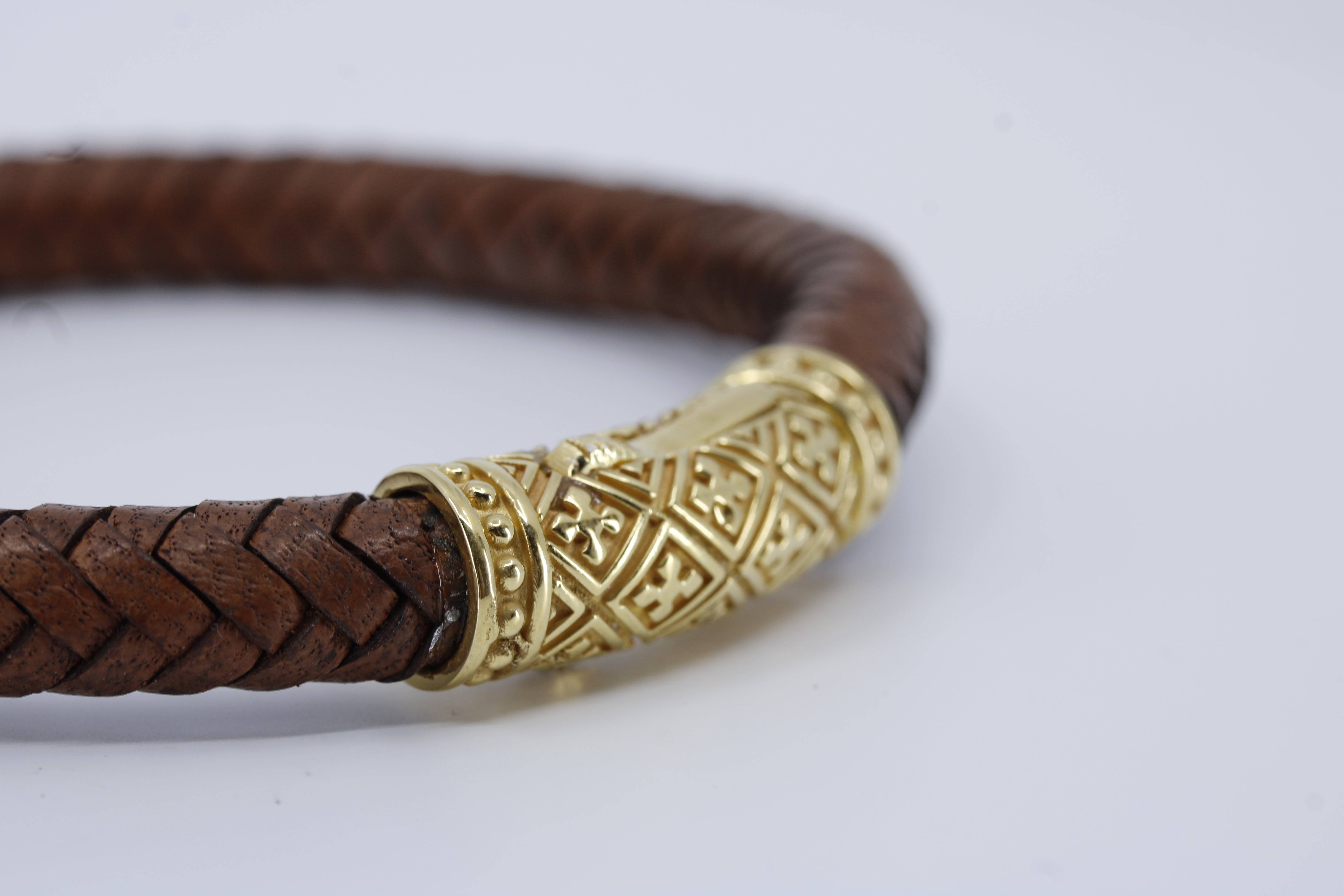 Casa Bali Braided Leather Bracelet with 18K Gold Vermeil Lattice Barrel