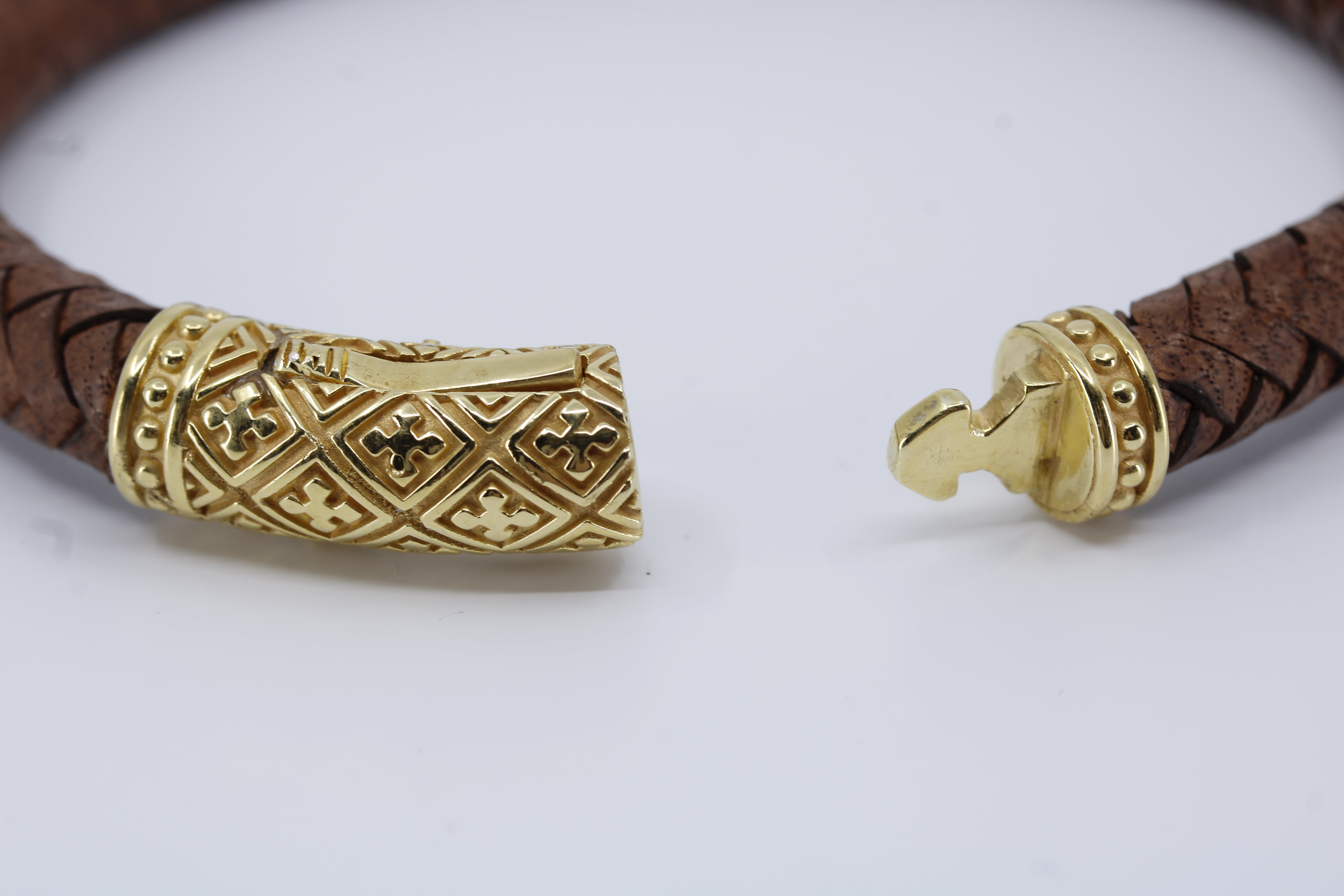 Casa Bali Braided Leather Bracelet with 18K Gold Vermeil Lattice Barrel