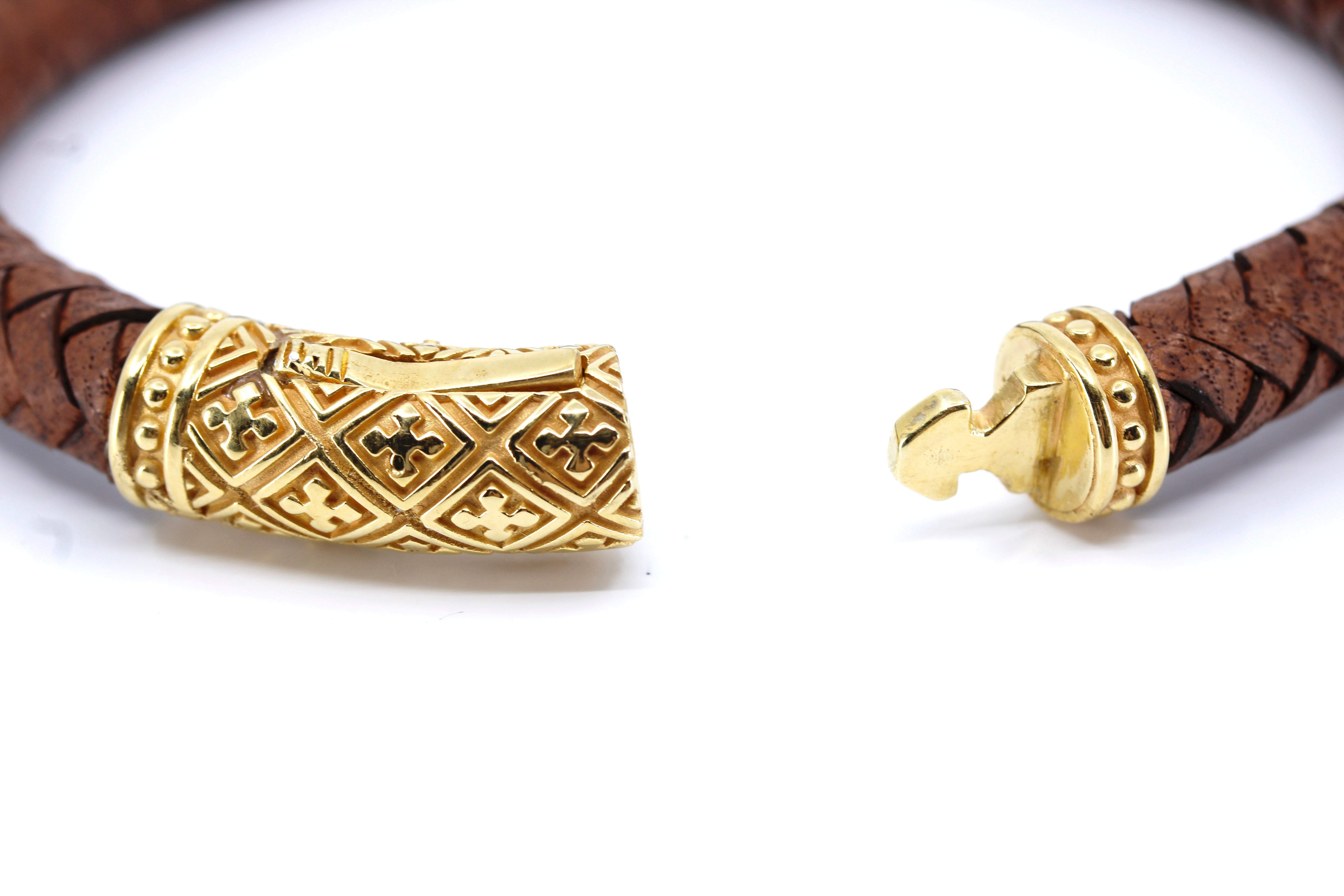 NOVA Braided Leather Bracelet with 18K Gold Vermeil Lattice Barrel