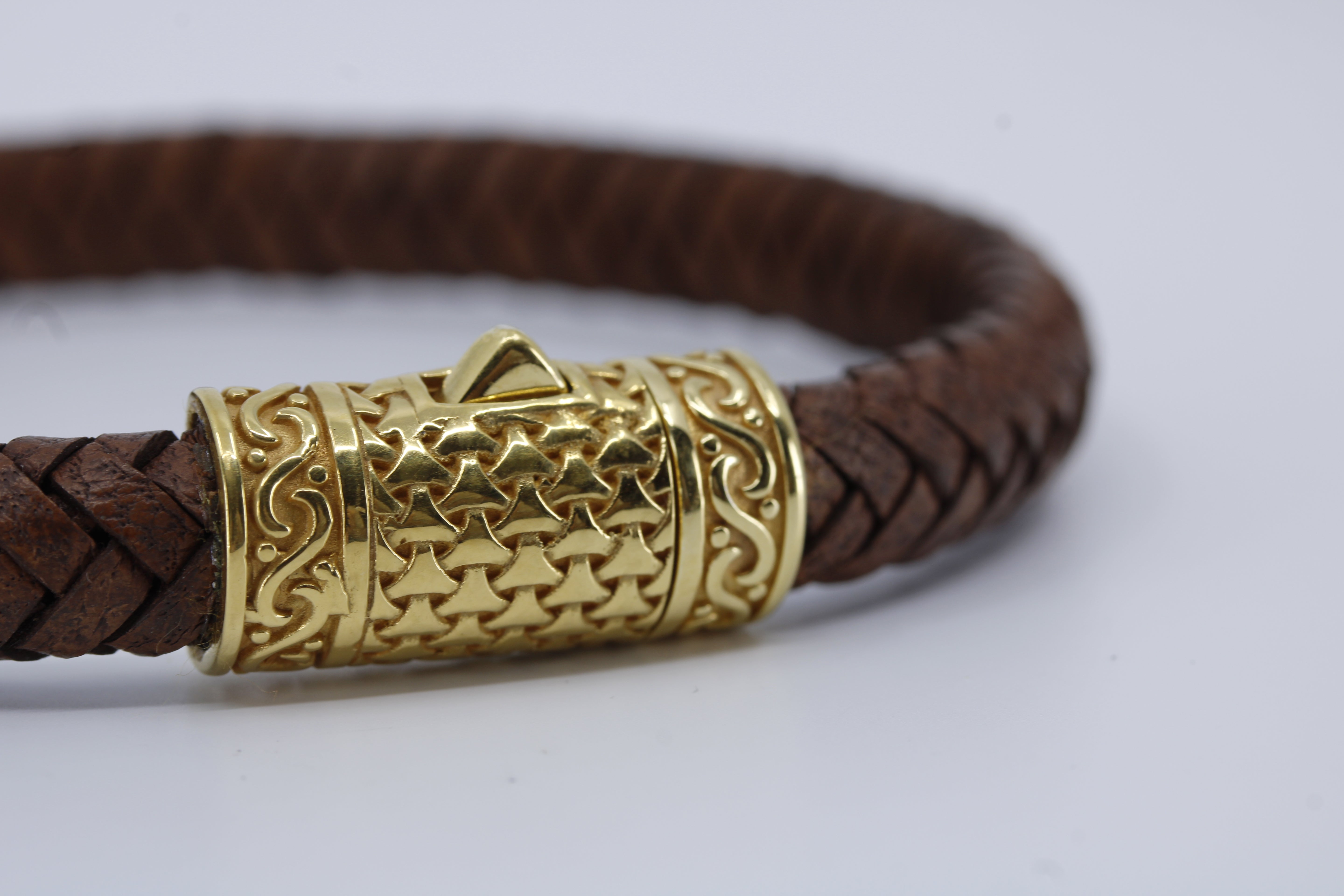 Casa Bali Braided Leather Bracelet with 18K Gold Vermeil Engraved Barrel