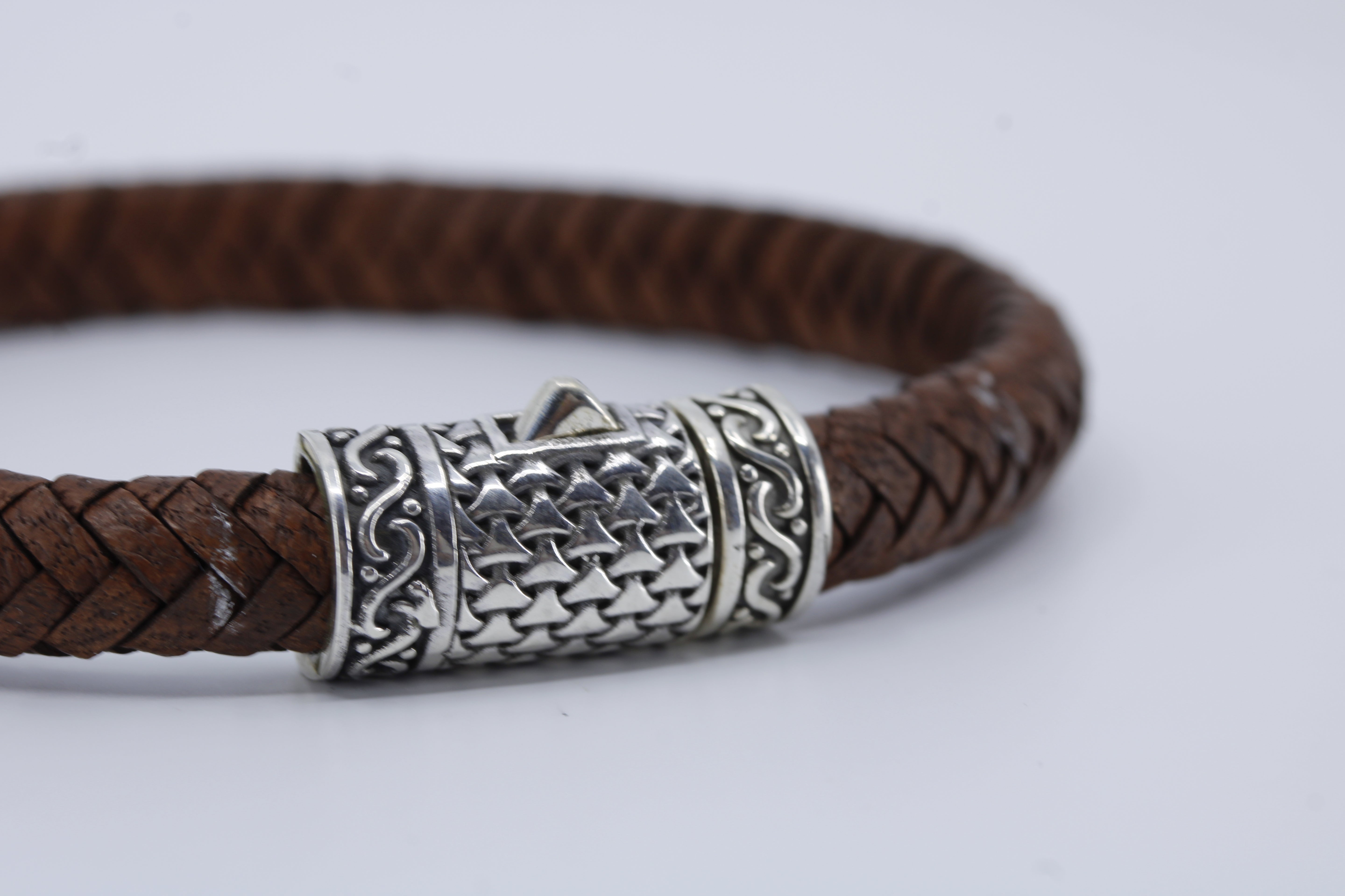 Casa Bali Braided Leather Bracelet with Engraved Barrel
