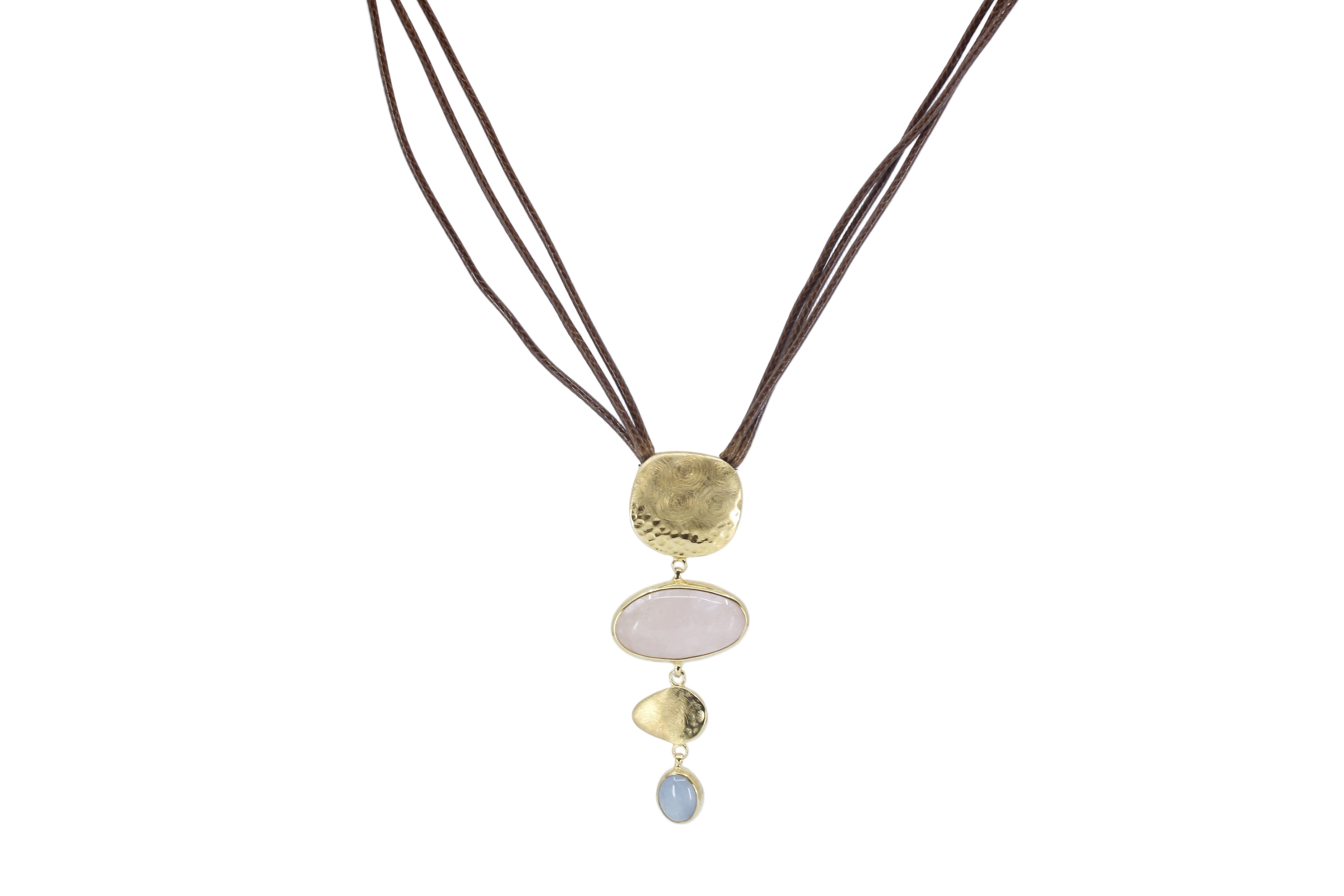 DUNE 18K Gold Vermeil Dangle Necklace with Brown Leather and Beryl