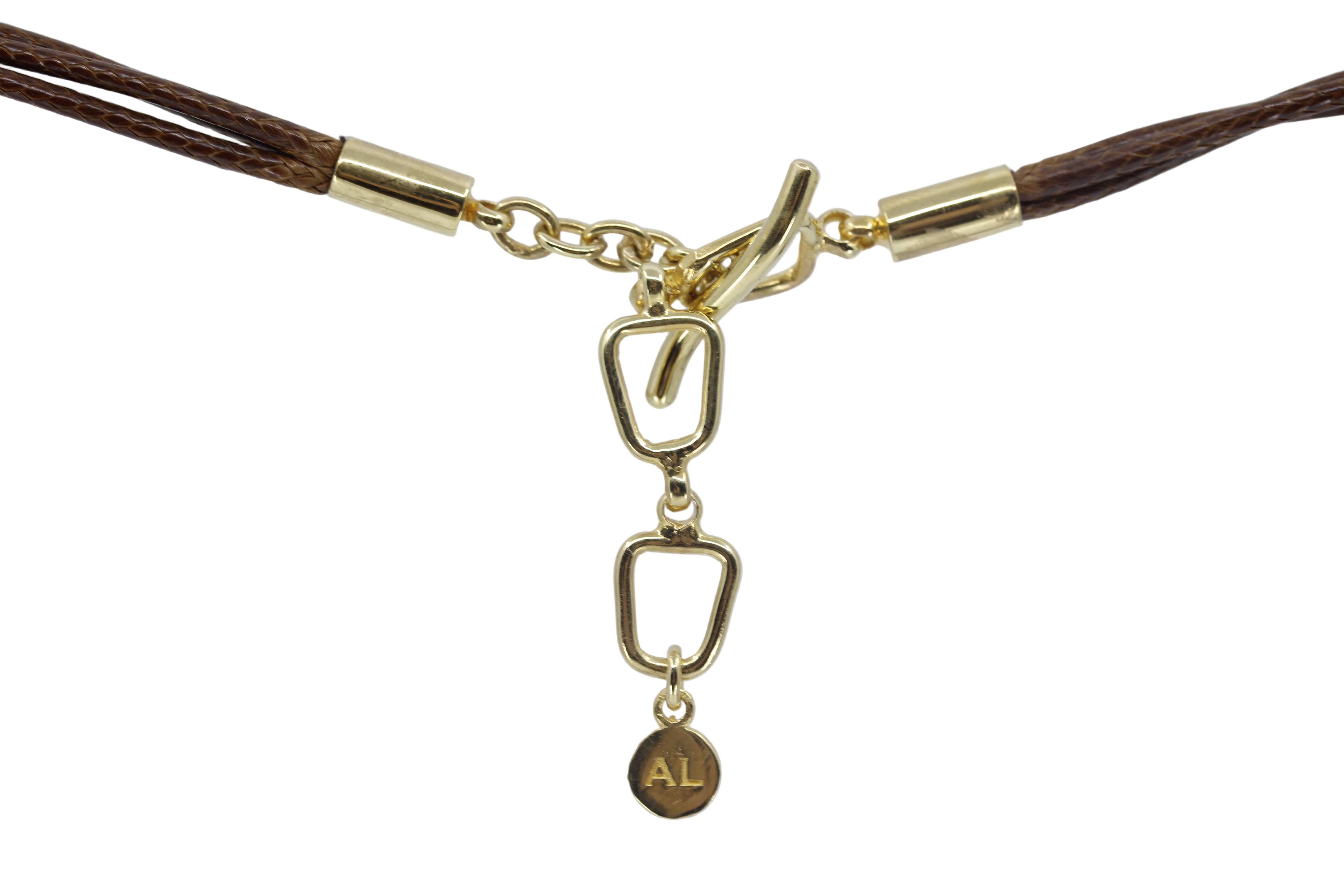 DUNE 18K Gold Vermeil Dangle Necklace with Brown Leather and Beryl
