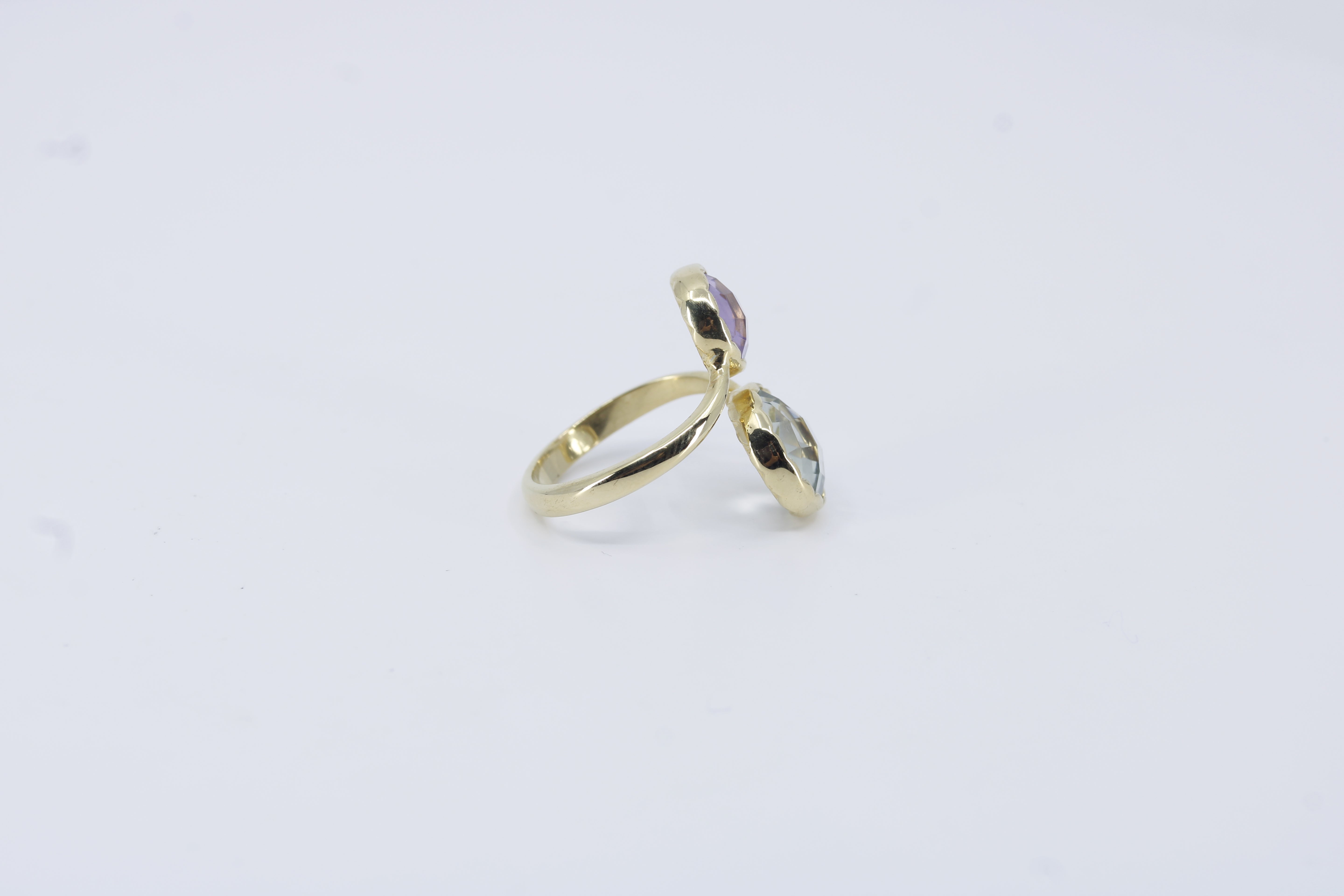 Il Gattopardo 18K Gold Vermeil Double Stone Statement Ring with Amethyst and Lemon Quartz
