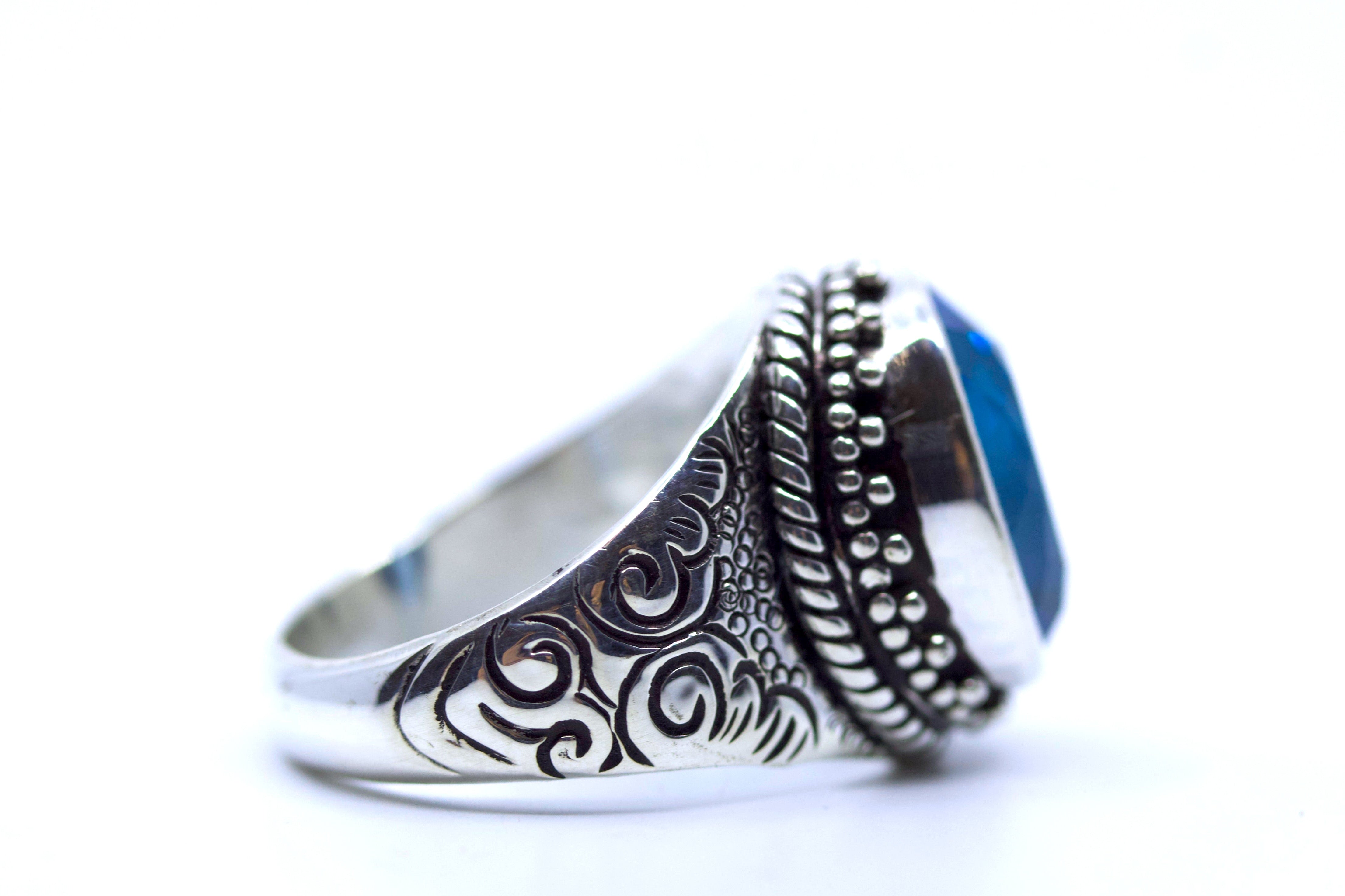 HIMALAYA Sterling Silver Decorative Bezel Ring with Blue Topaz