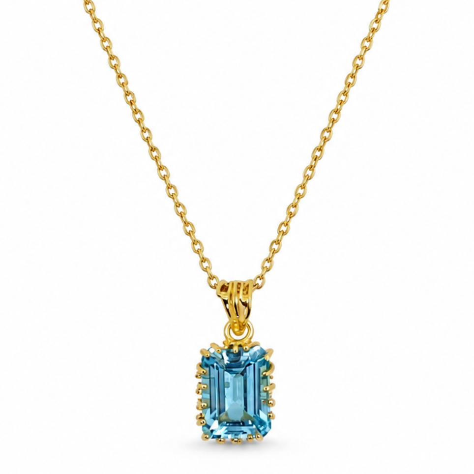 NURAI 18K Gold Vermeil Rectangular Pendant Necklace with Blue Topaz