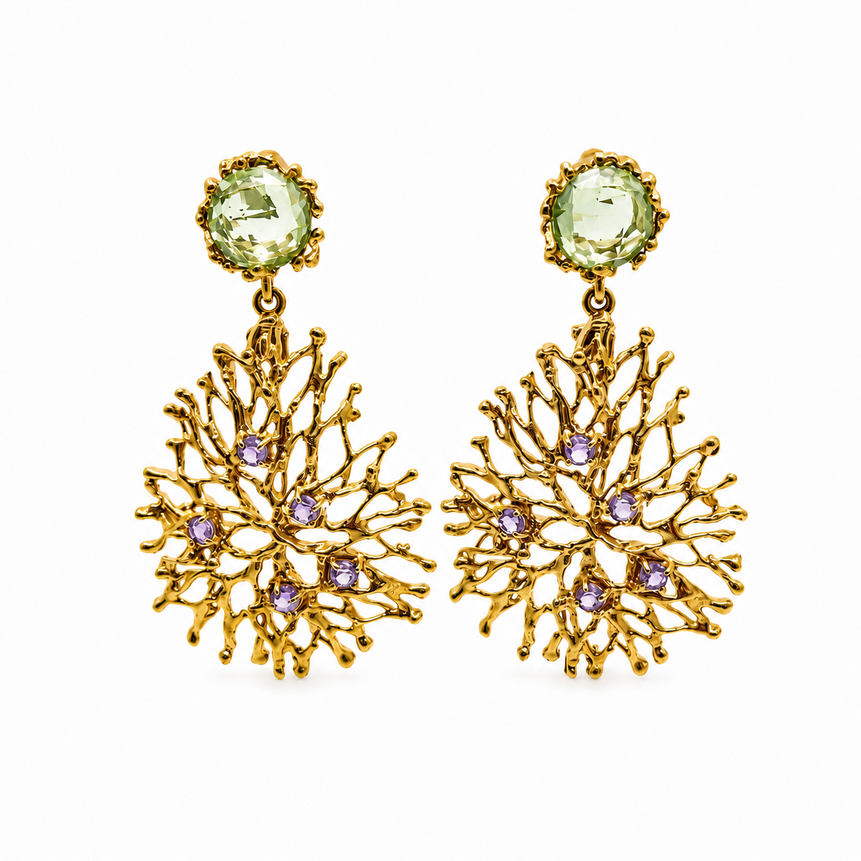 NURAI 18K Gold Vermeil Linked Drop Earrings with Amethyst and Green Amethyst