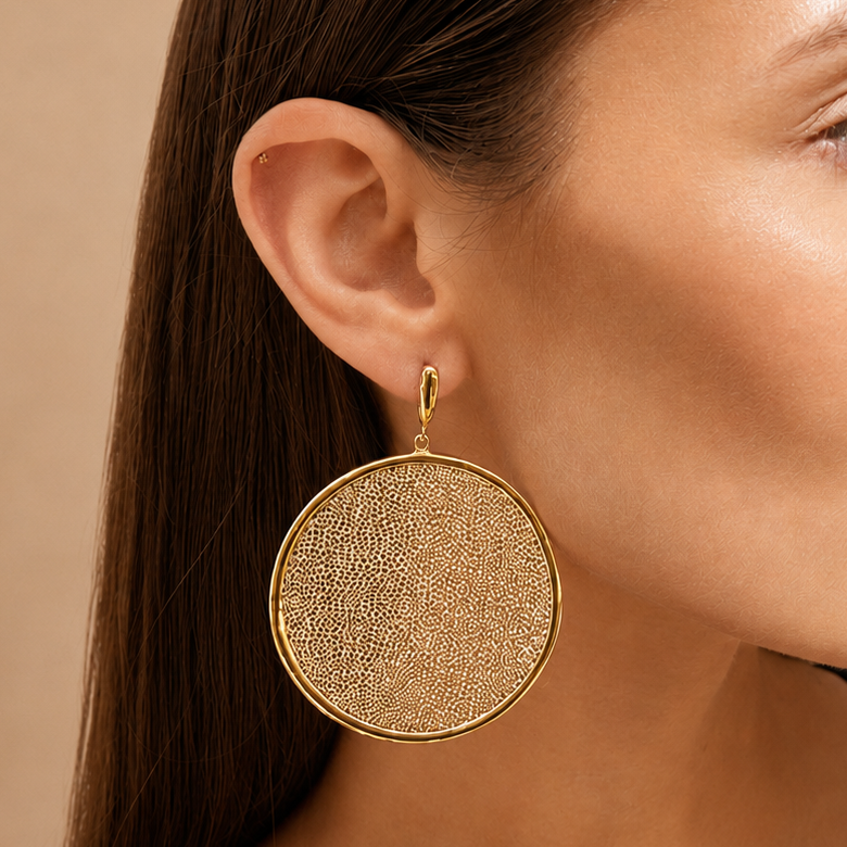 AIMA 18K Gold Vermeil Medium Round Drop Earrings with Gold Mesh