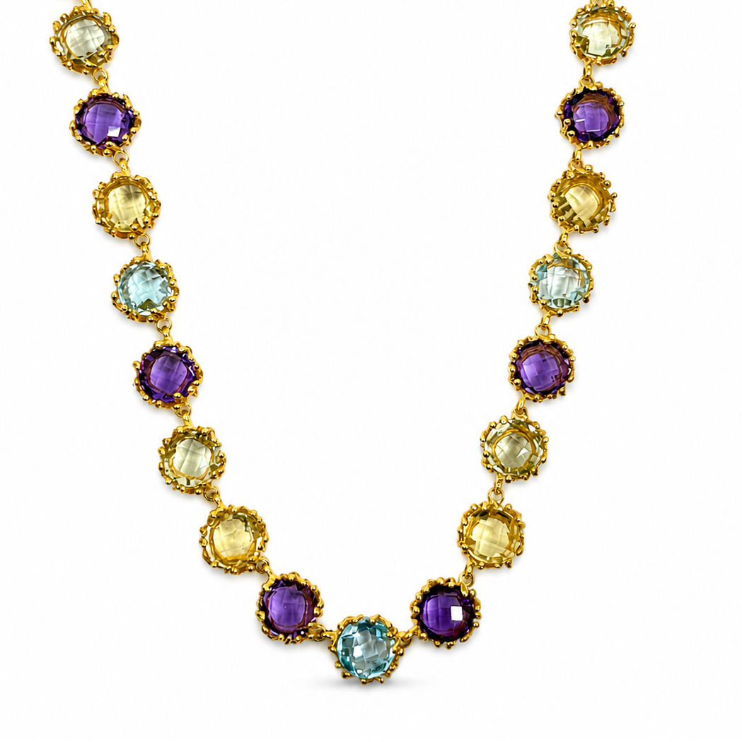 NURAI 18K Gold Vermeil Round Station Necklace with Amethyst, Green Amethyst, Blue Topaz and Lemon Quartz