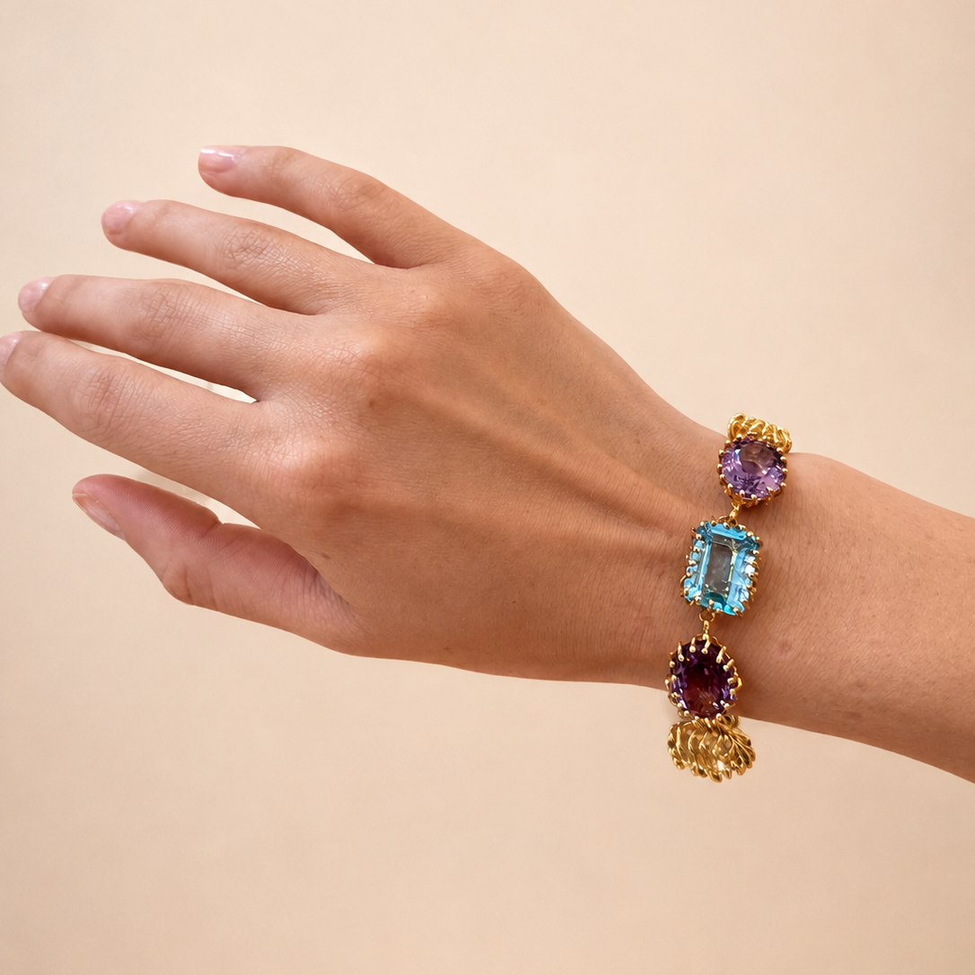 NURAI 18K Gold Vermeil Mixed Shape Link Bracelet with Multicolor Gemstones