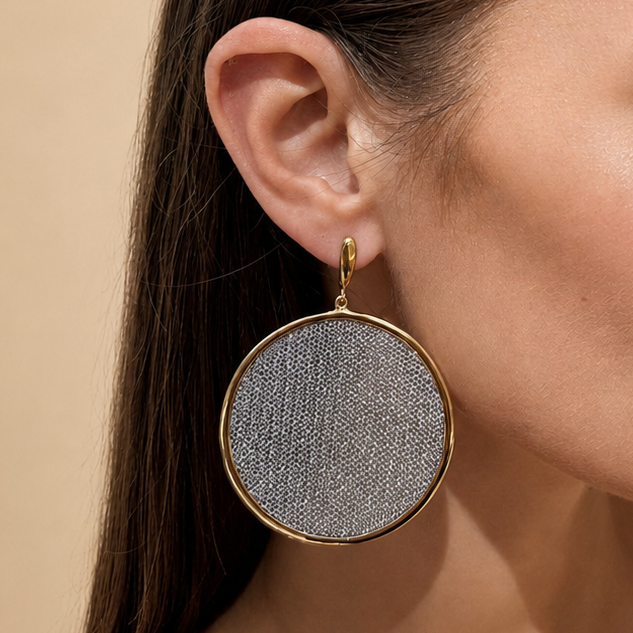 AIMA 18K Gold Vermeil Medium Round Drop Earrings with Silver Mesh