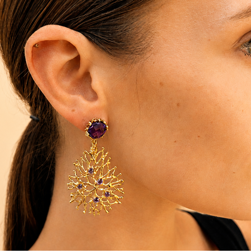 NURAI 18K Gold Vermeil Linked Drop Earrings with Amethyst
