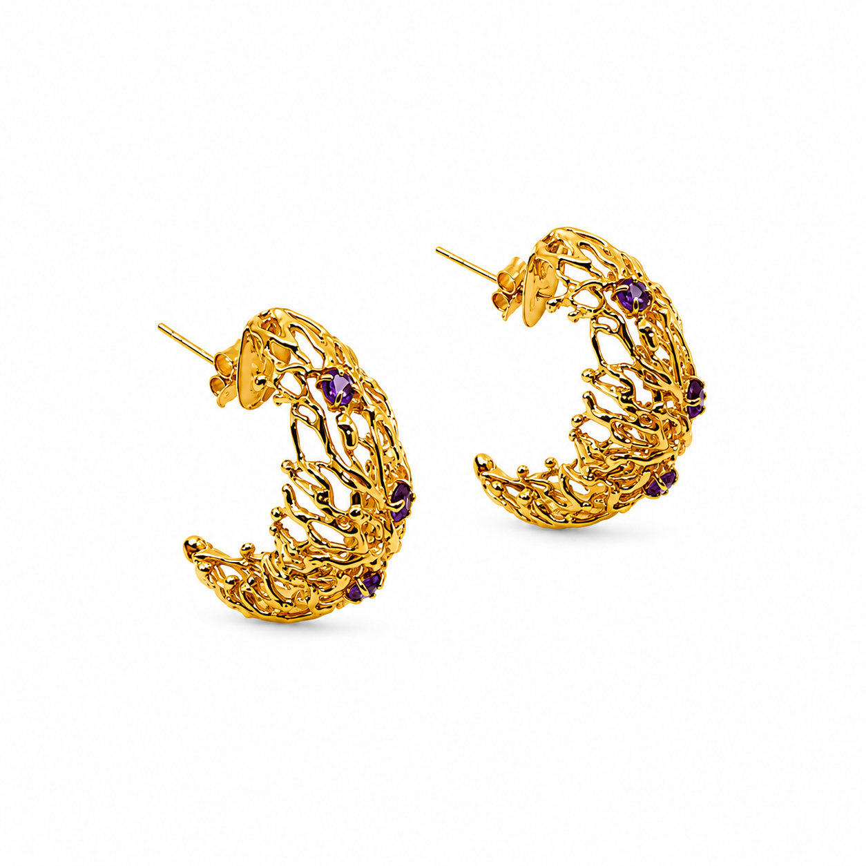 NURAI 18K Gold Vermeil Crescent Hoop Earrings with Amethyst