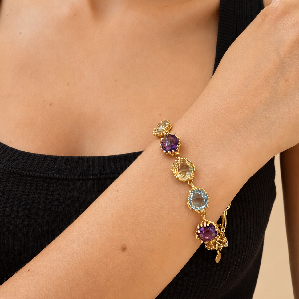 NURAI 18K Gold Vermeil Round Station Bracelet with Amethyst, Green Amethyst, Blue Topaz and Lemon Quartz